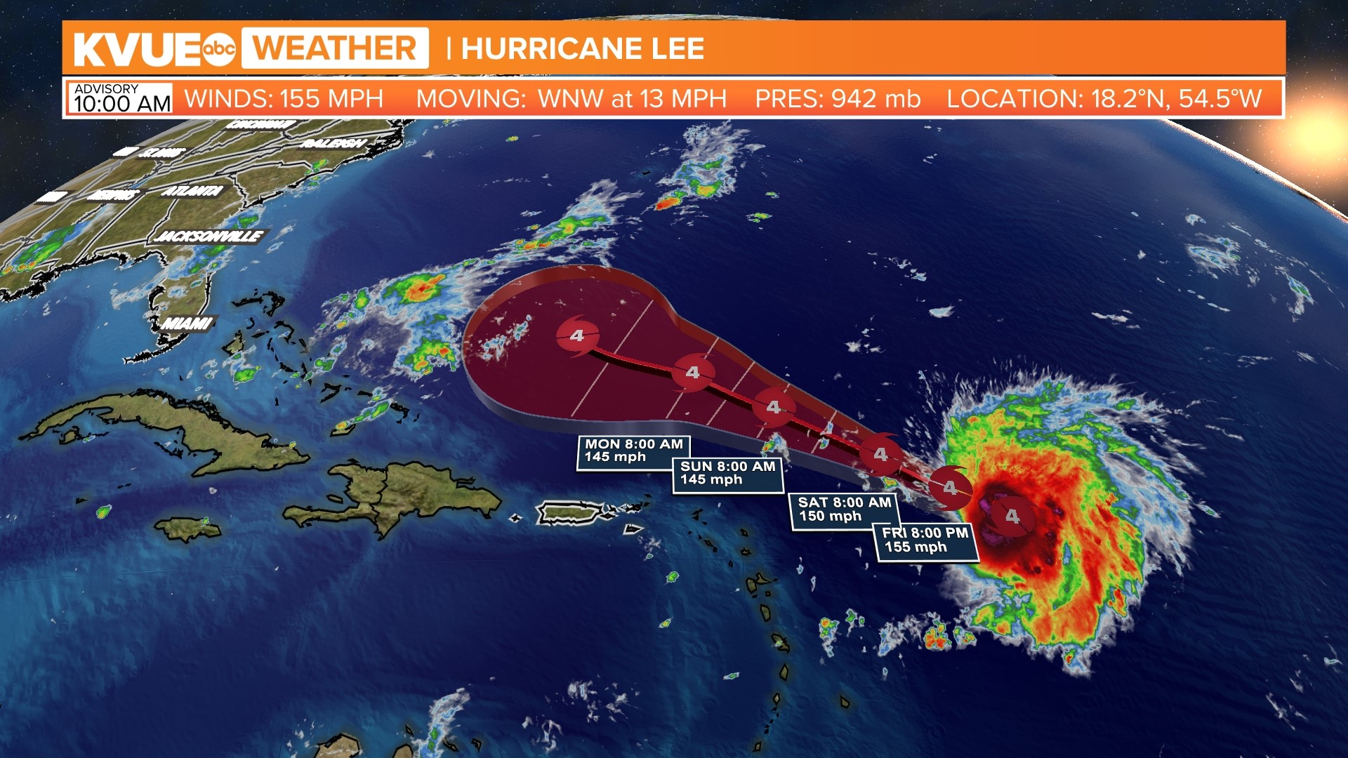 Hurricane Lee was a 180 mph Category 5 at one point but is now a Category 4