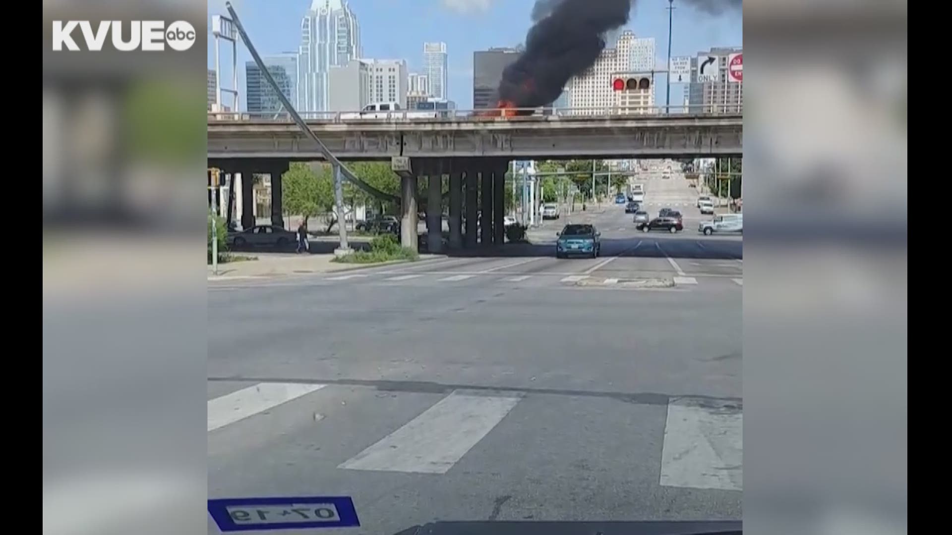 A multi-vehicle crash resulted in a car fire on I-35 Saturday morning. Traffic was diverted to the frontage road. Video courtesy of Adrian Bautista.