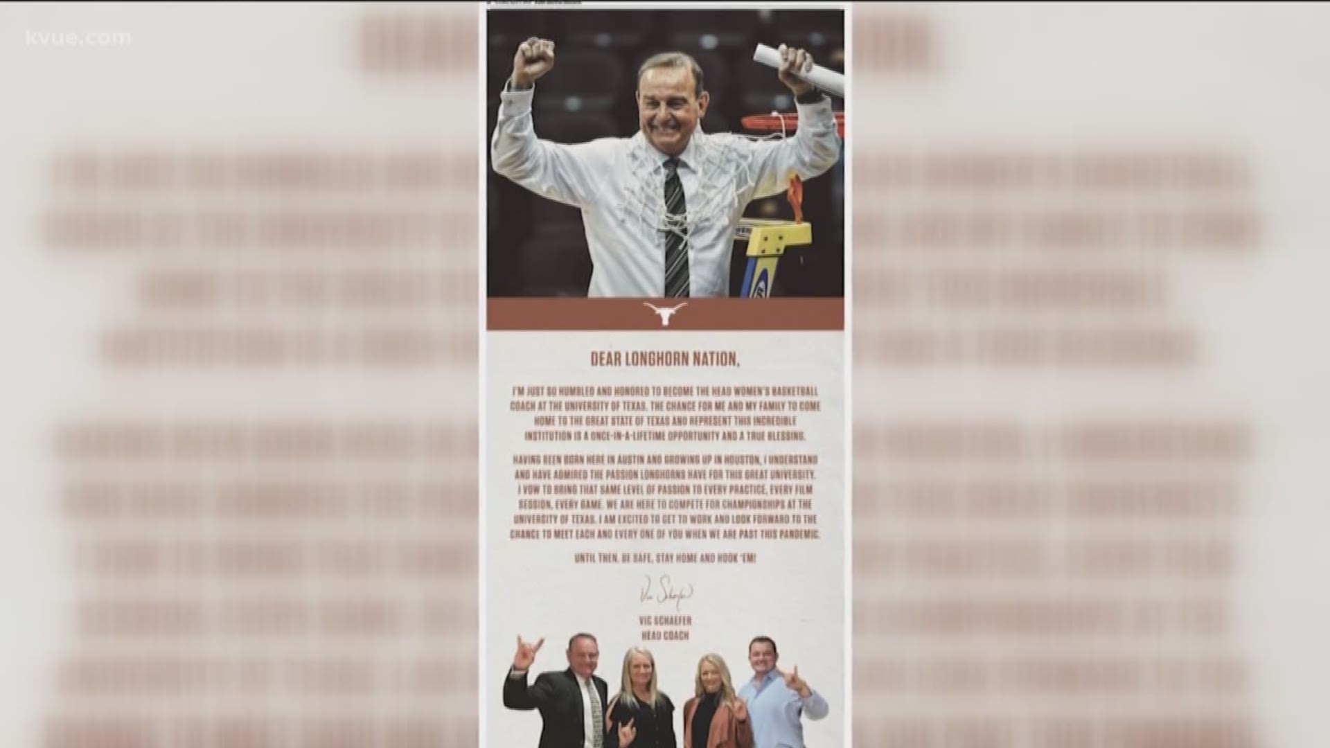 Schaefer took out a full-page ad thanking the university for hiring him as the new women's basketball coach.