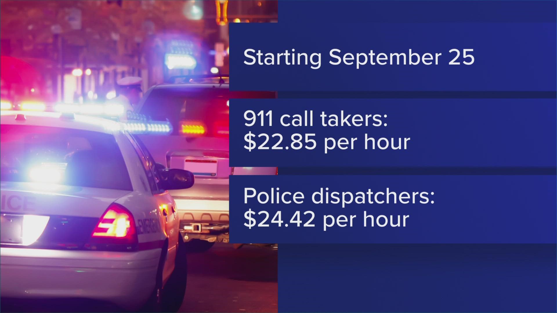Starting on Sept. 25, 911 call takers will make at least $22.85 an hour while police dispatchers will make at least $24.42.