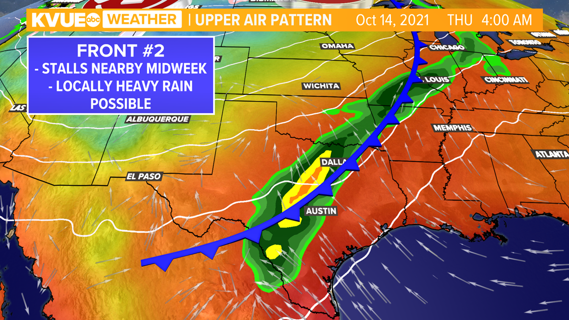 A cold front drops temperature before mid-week scattered storms