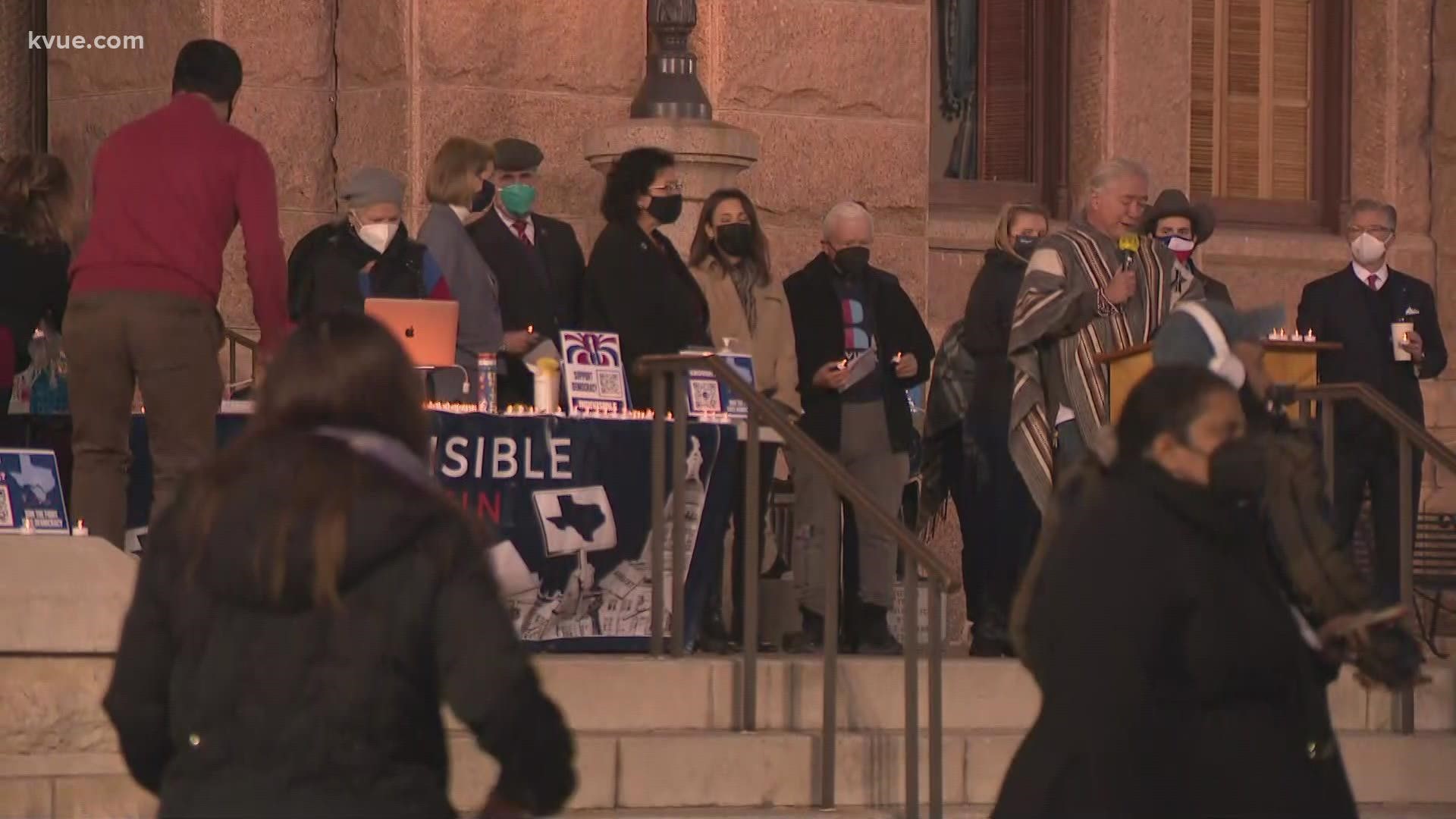 People gathered at the Texas Capitol Thursday evening to mark the one-year anniversary of the attack at the U.S. Capitol.