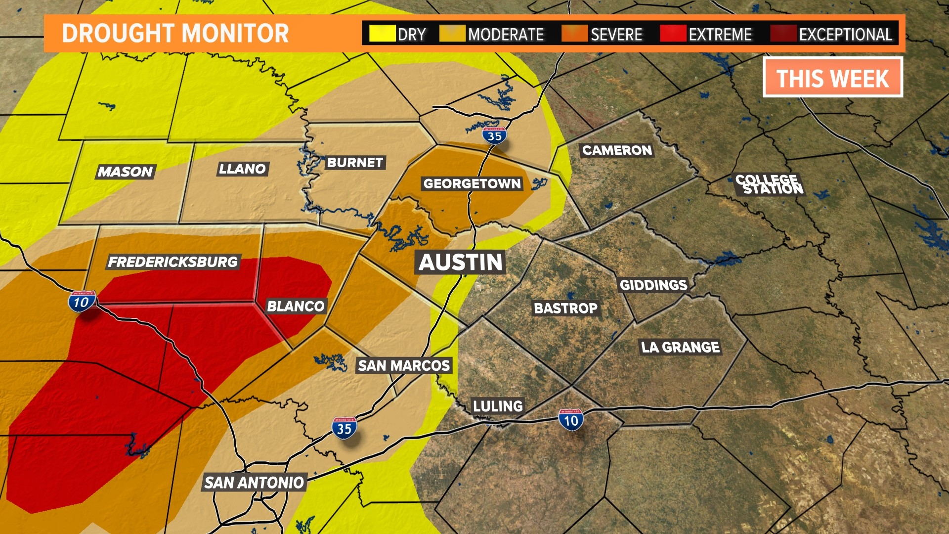 Small improvements area-wide, including the elimination of the "extreme" drought in Williamson County