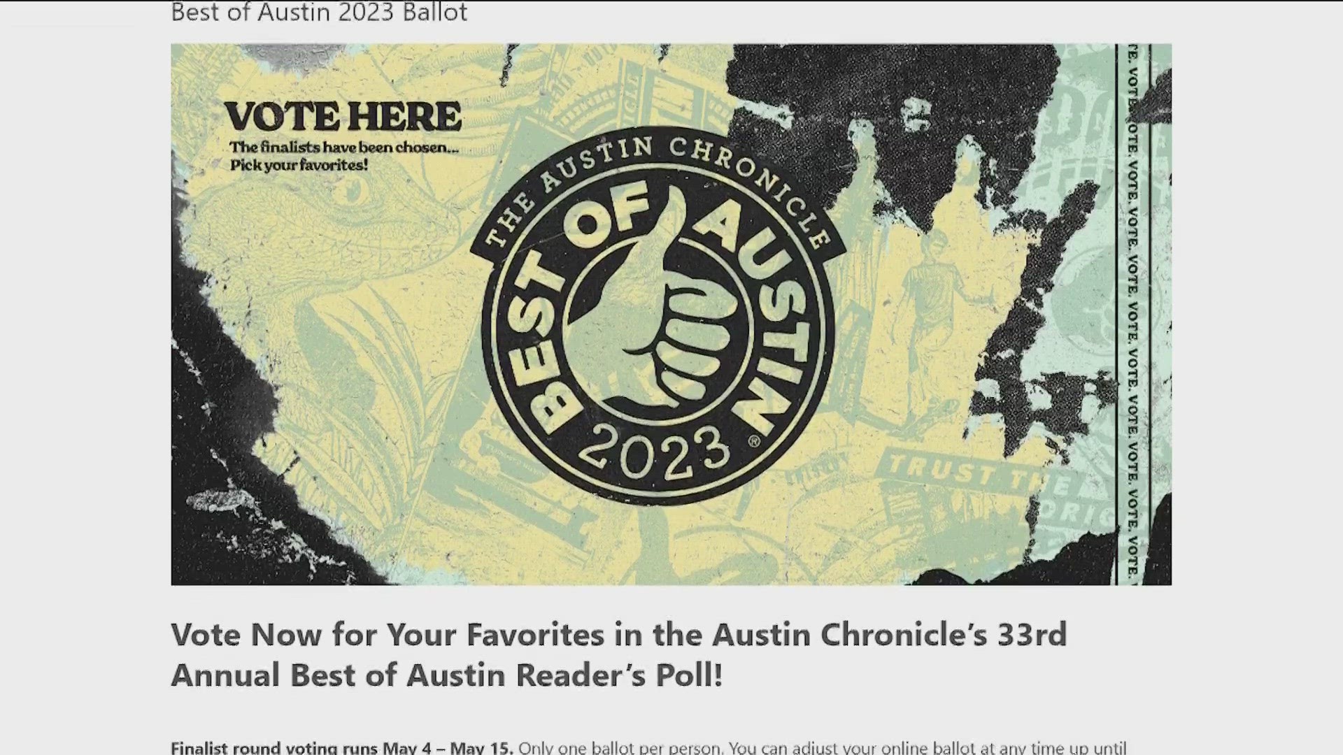 Voting for the "Best of Austin" finalists is now open.