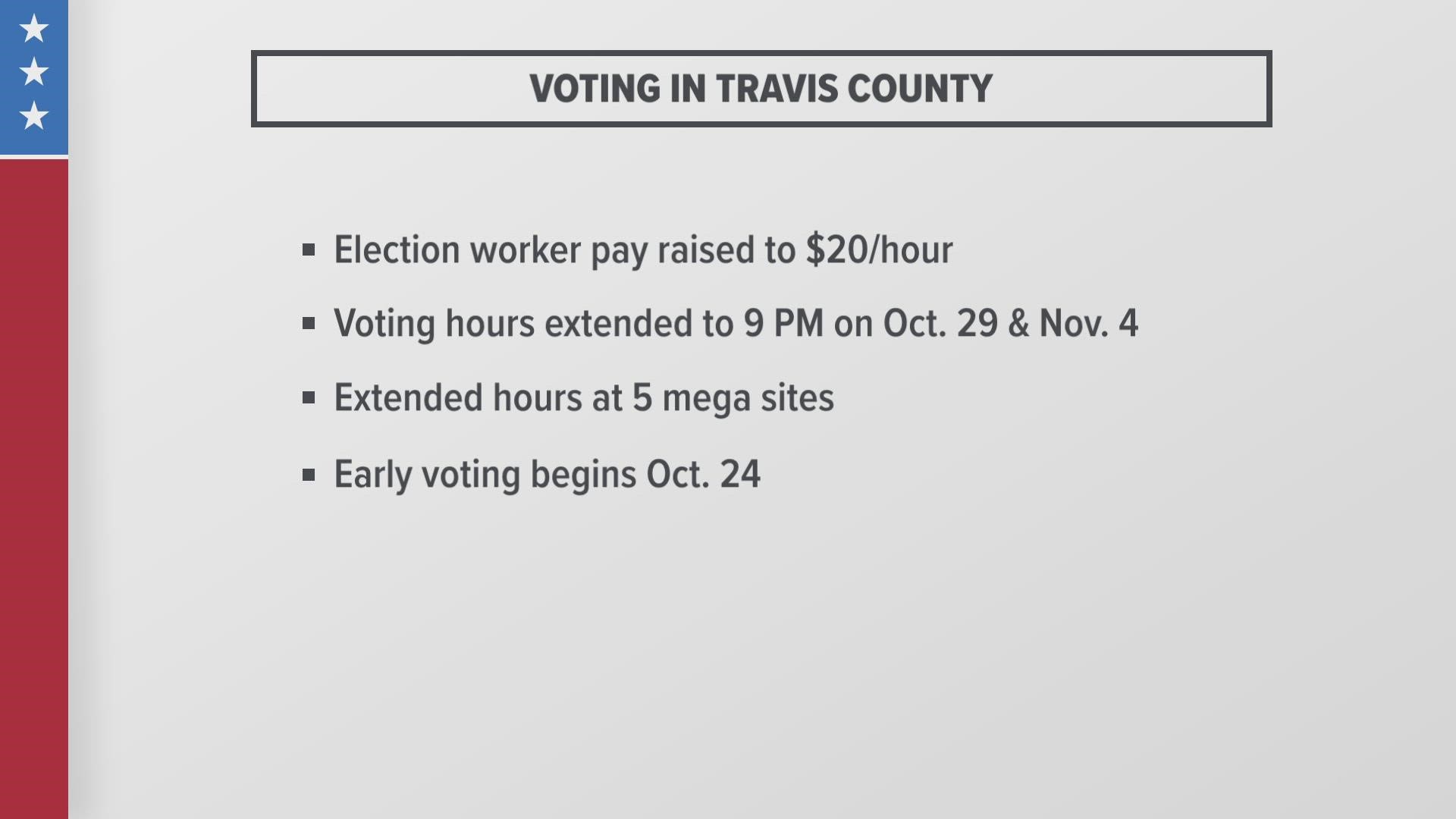 Travis County commissioners voted Tuesday to extend early voting hours and raise election workers' pay.