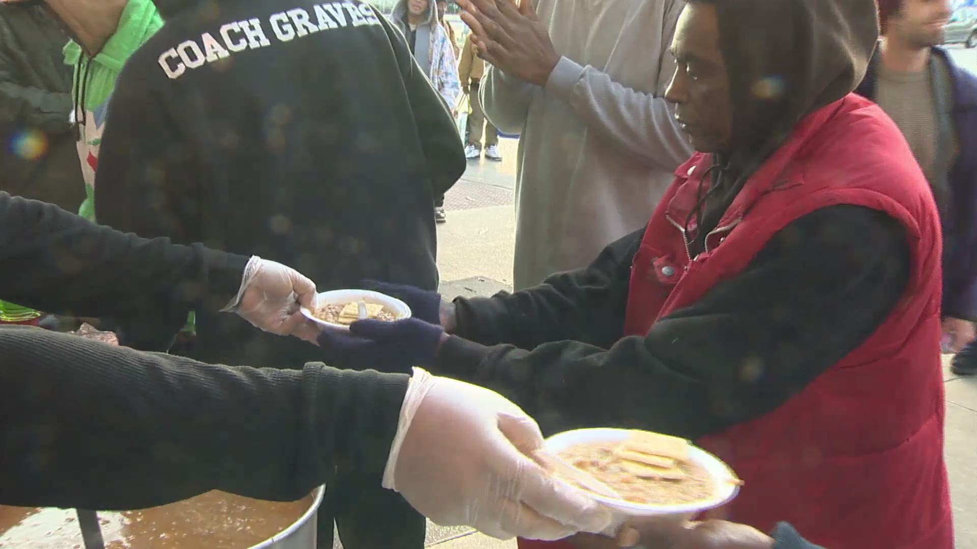 Hundreds of Austin's homeless showed up at the Austin Resource Center for the Homeless today for a free warm meal.  Former Longhorn star Cedric Benson was on hand to help out.  He supplied the barbecue... and there was also gumbo to give out.  All done by