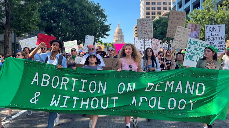 Abortion rights supporters rally and march in Downtown Austin on Saturday