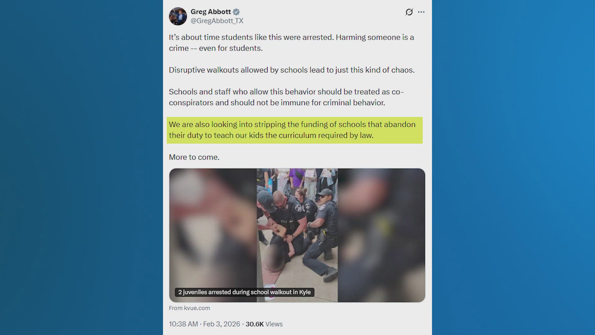 Texas Gov. Greg Abbott reacts to arrest of 2 juveniles after student ...