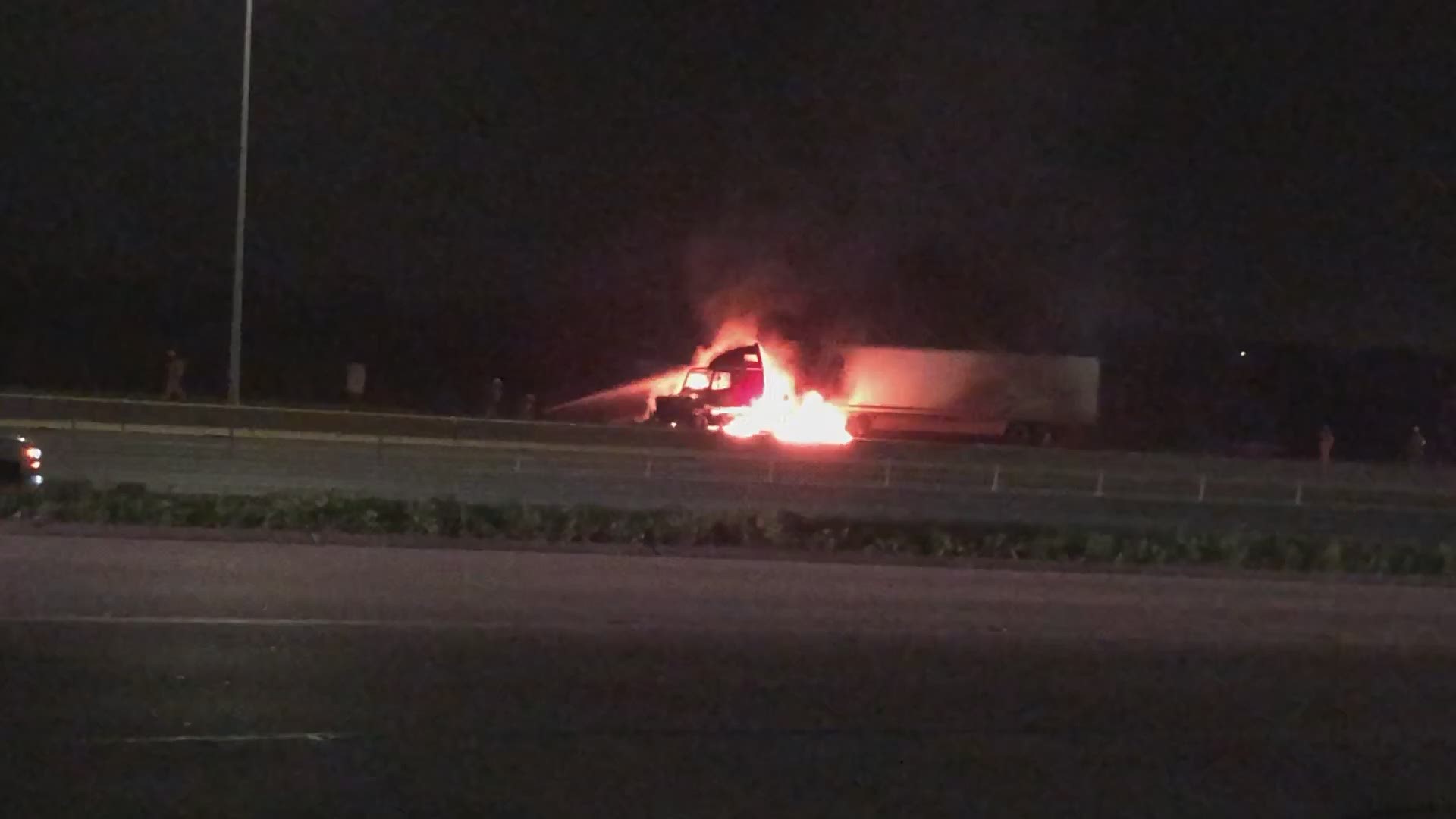 Video courtesy of Cindy Nguyen and Michelle Bui. 18-wheeler engulfed in flames on Mopac Expressway.