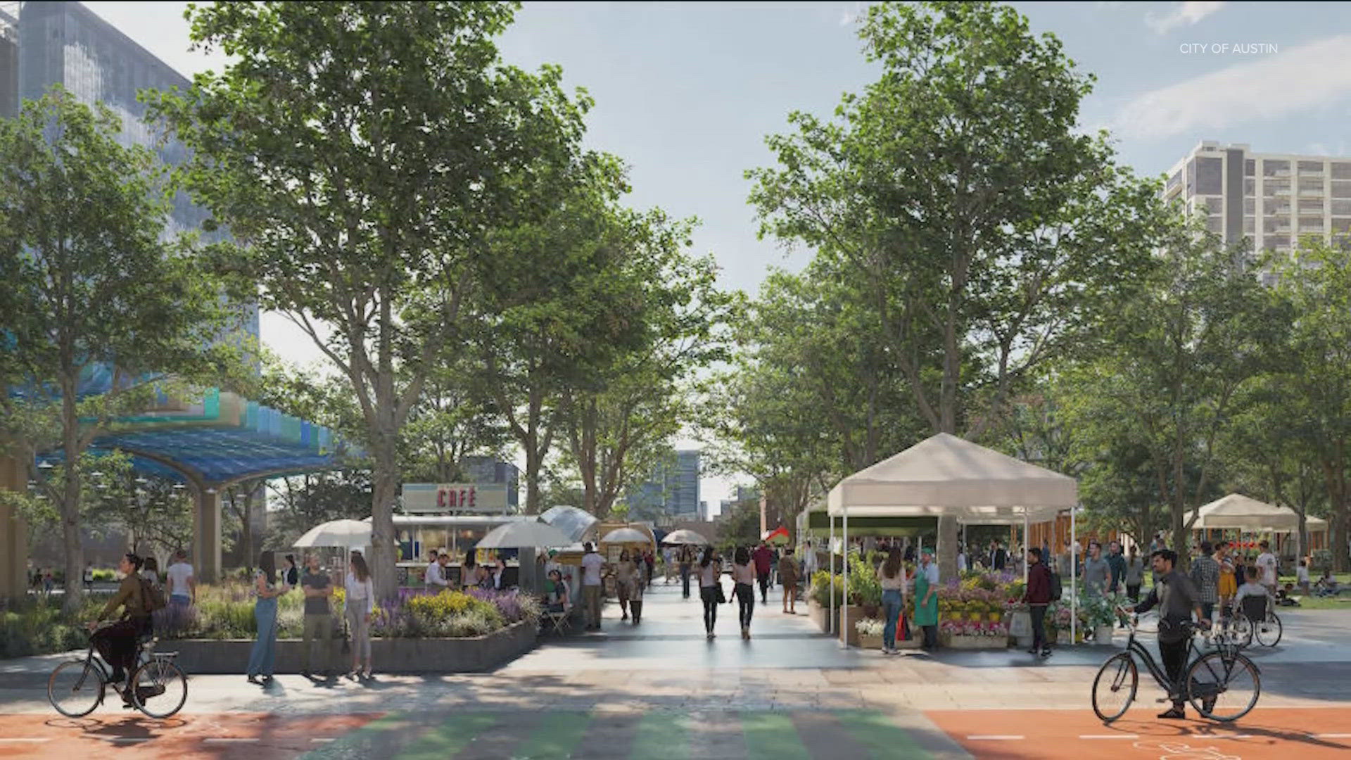 We're getting a fresh look at proposed "caps and stitches" that would cover parts of I-35 with parks and shops. Here are the renderings.