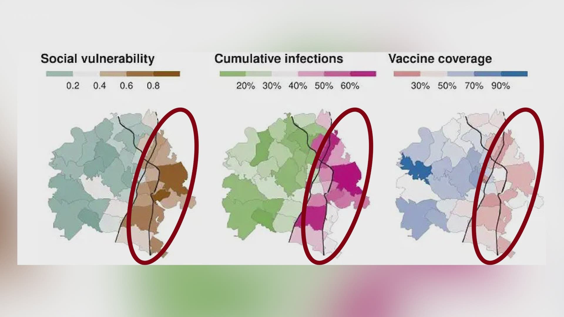 New research shows a stark difference in vaccination rates east and west of Interstate 35.