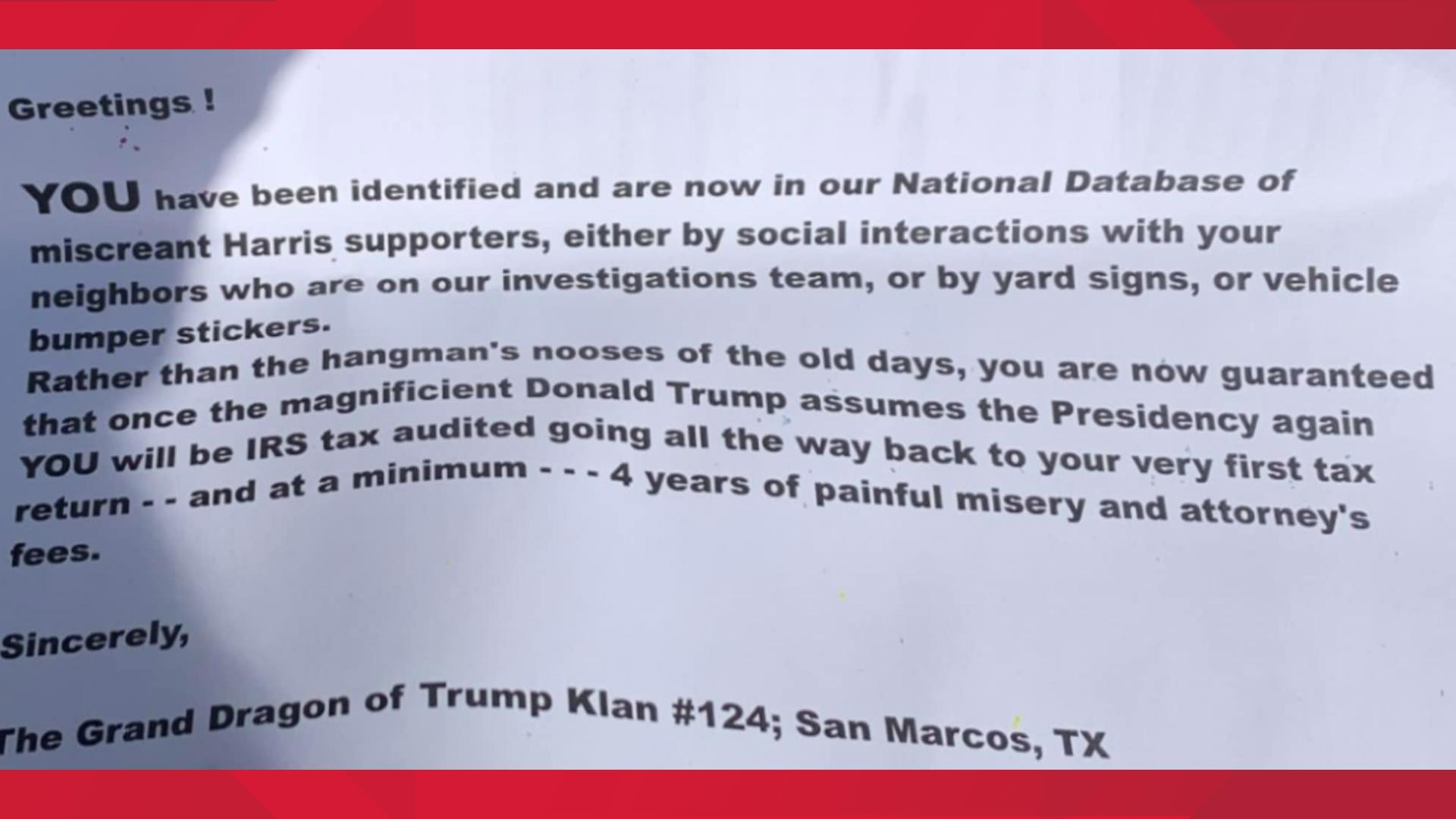 San Marcos police are investigating and looking for the people behind threatening flyers attached to political signs posted in the city.