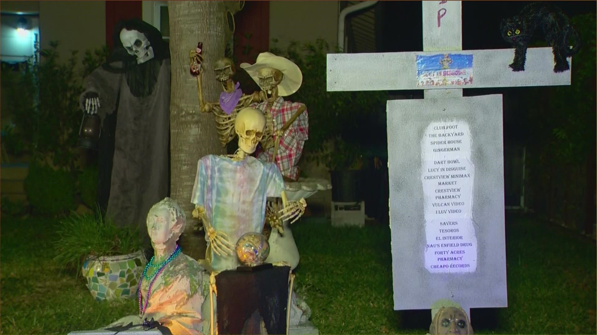 One Austin resident is getting into the Halloween spirit with a cemetery of "Old Austin" favorites