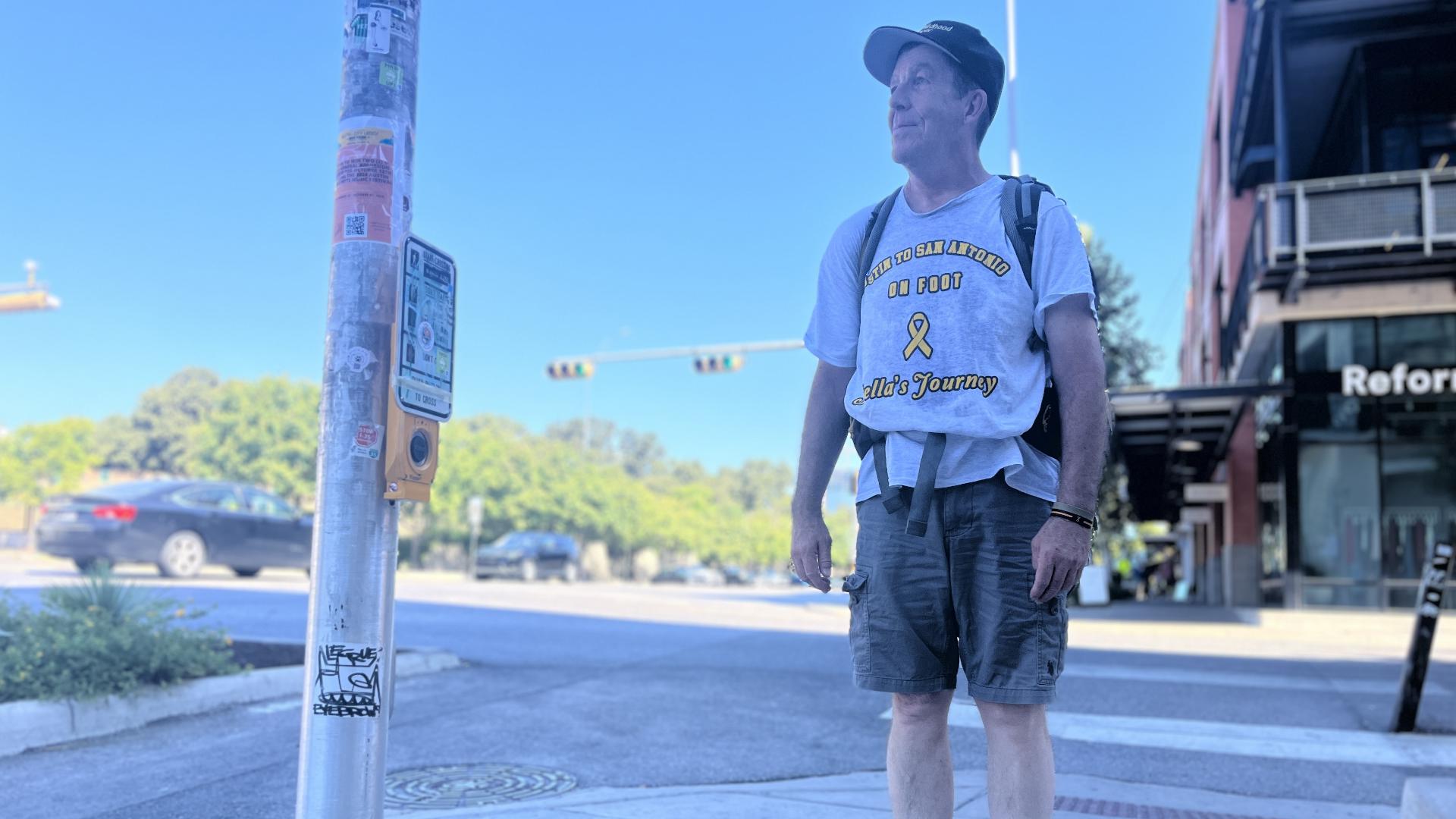 It'll take Jim Hickey 11 days to to walk from Austin to San Antonio. He's supporting a child with cancer but the journey is also personal for him.