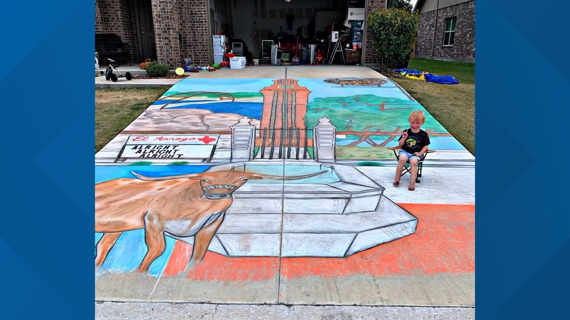 Girl covers her driveway in chalk art to bring joy in uncertain times.