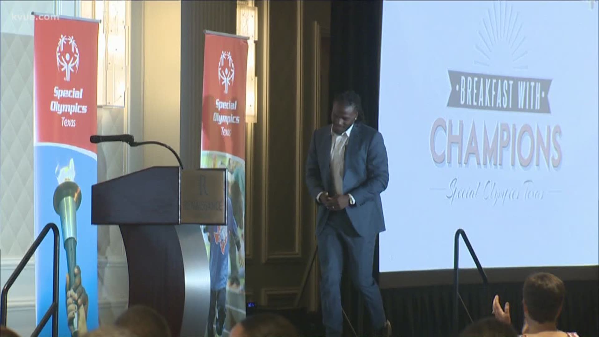 During his speech, Jamaal Charles shared his own experiences as a Special Olympics athlete as a kid, when he was 10 years old.