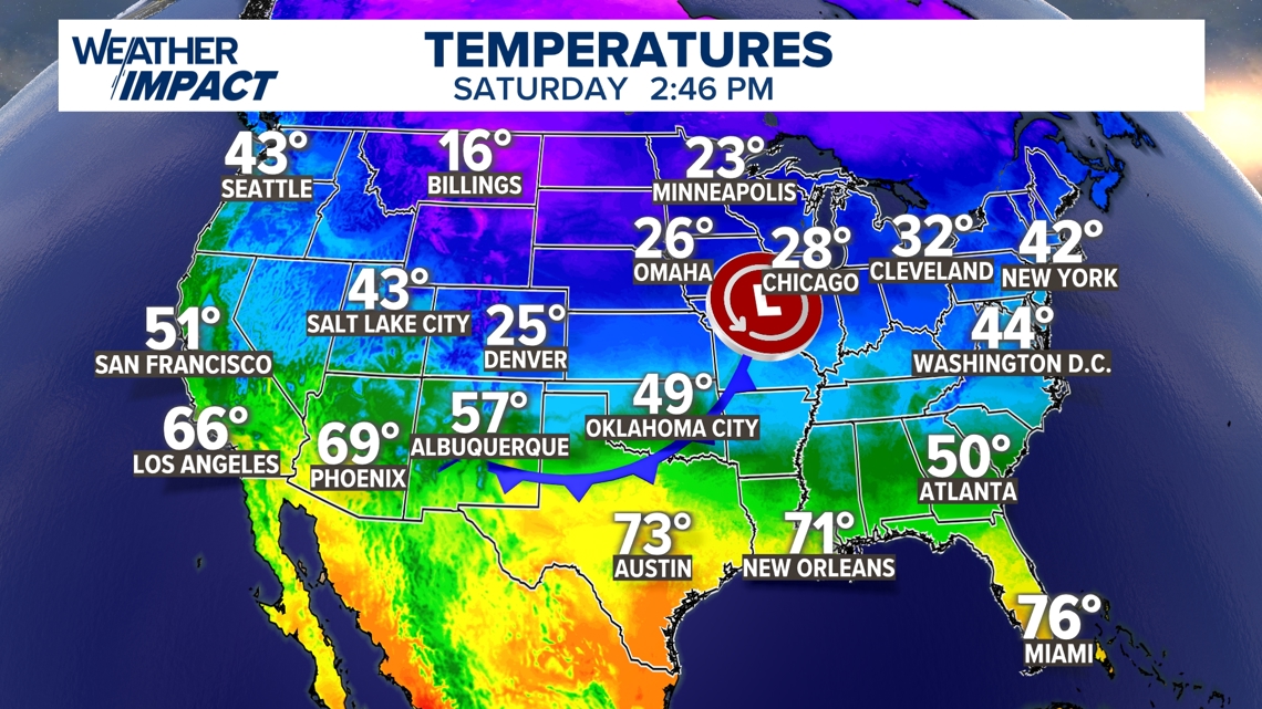 A truly cold, cold front moves over Central Texas Saturday night; wind chill values in the 30s Sunday morning