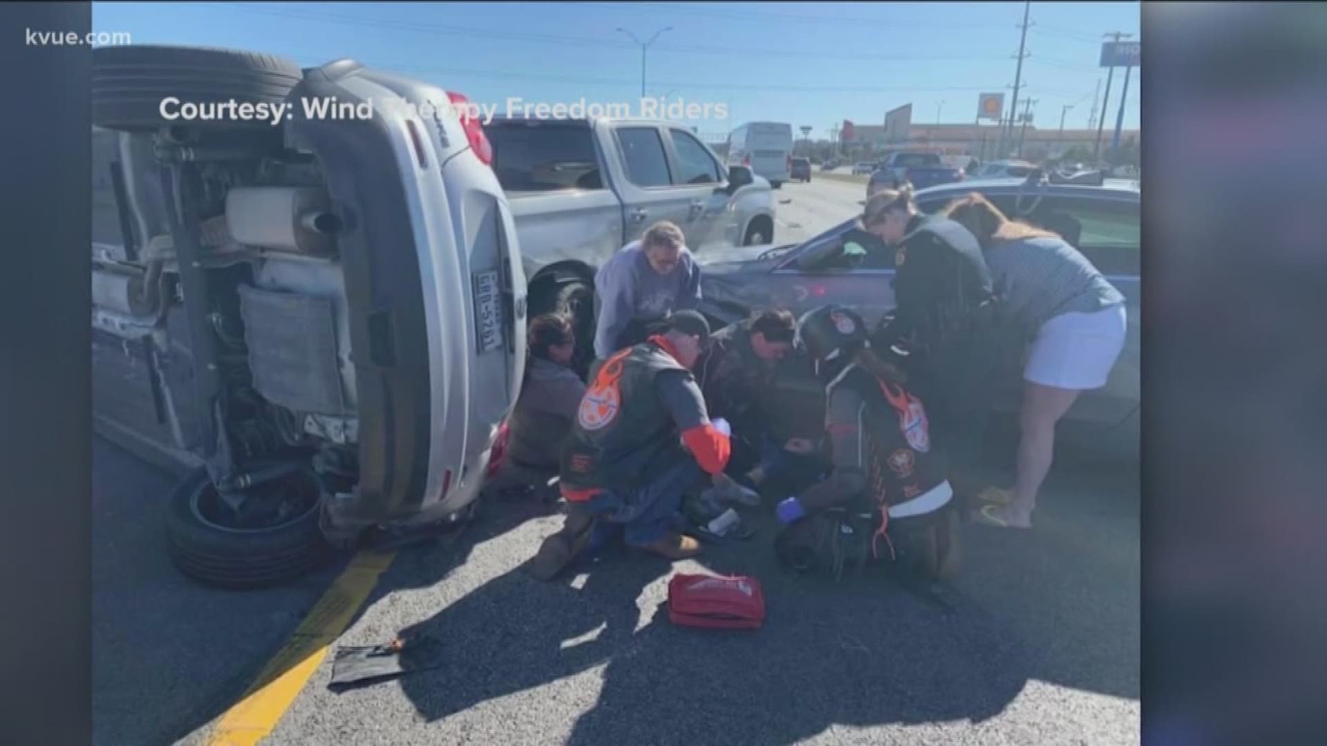 A group of Austin bikers helped save a couple of Round Rock crash victims after they saw the wreck happen right in front of them.