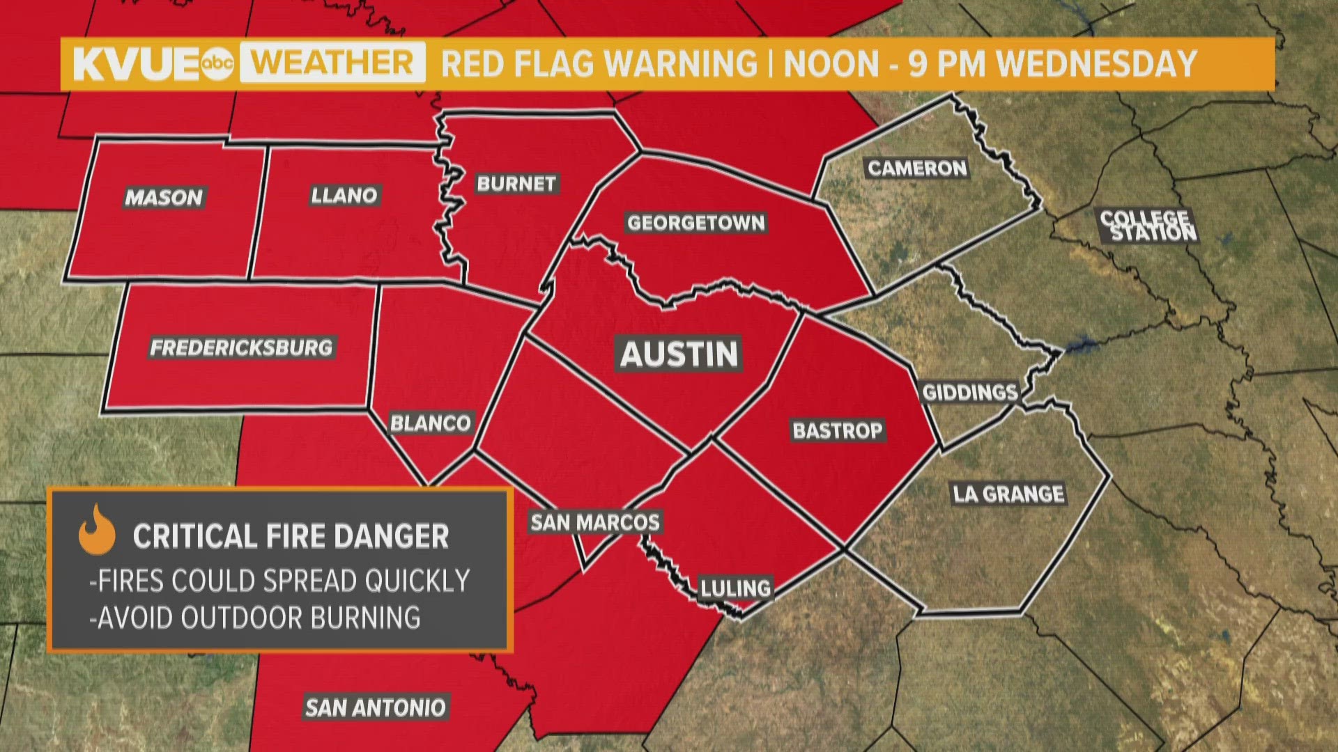 Fire weather concerns have increased, and a Red Flag Warning has been issued for much of Central Texas.