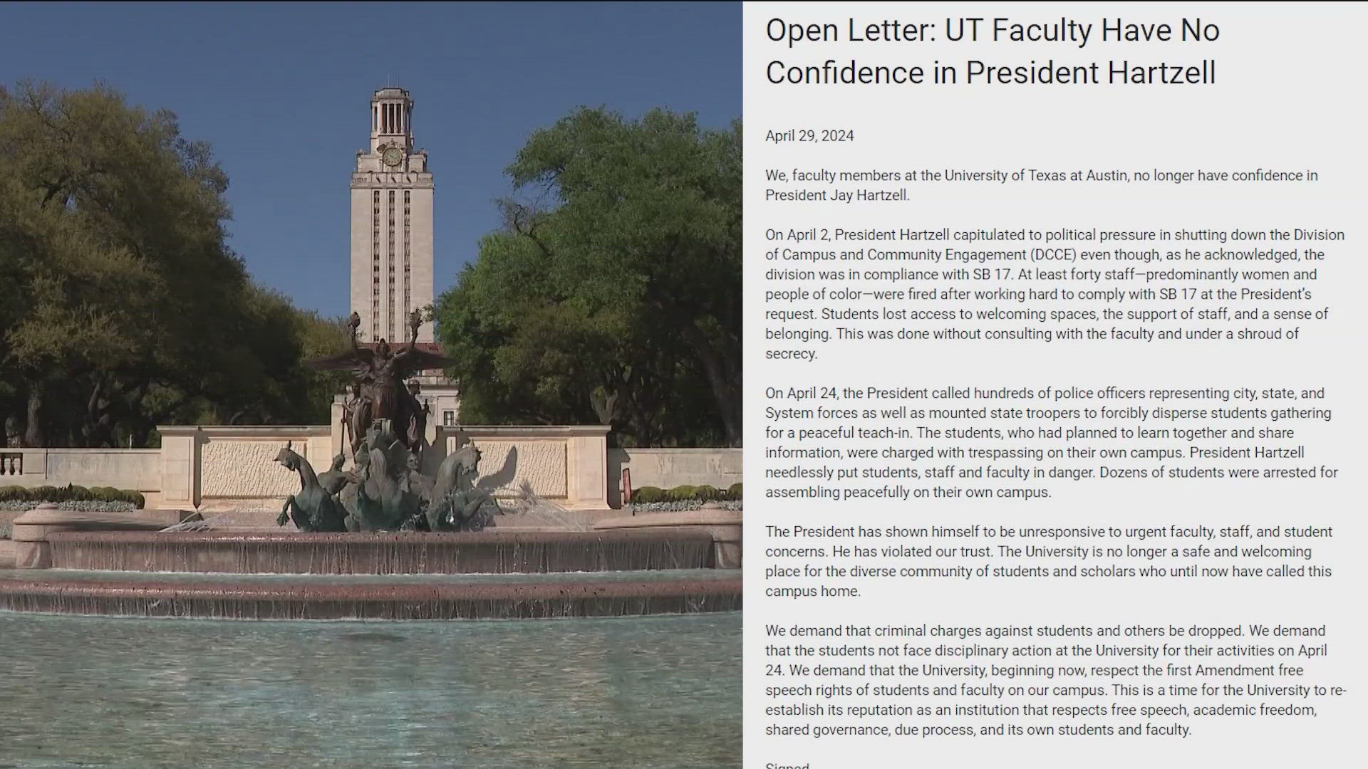 The faculty members are supporting a no-confidence vote against UT Austin president Jay Hartzell after DEI employees were let go and DPS was called during a protest.