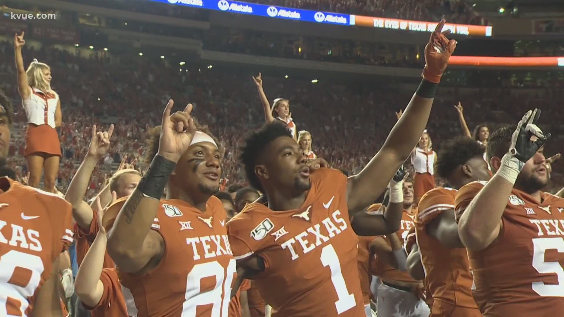 After the Red River Showdown, Coach Tom Herman, Sam Ehlinger and others stayed on the field and participated in "The Eyes of Texas."