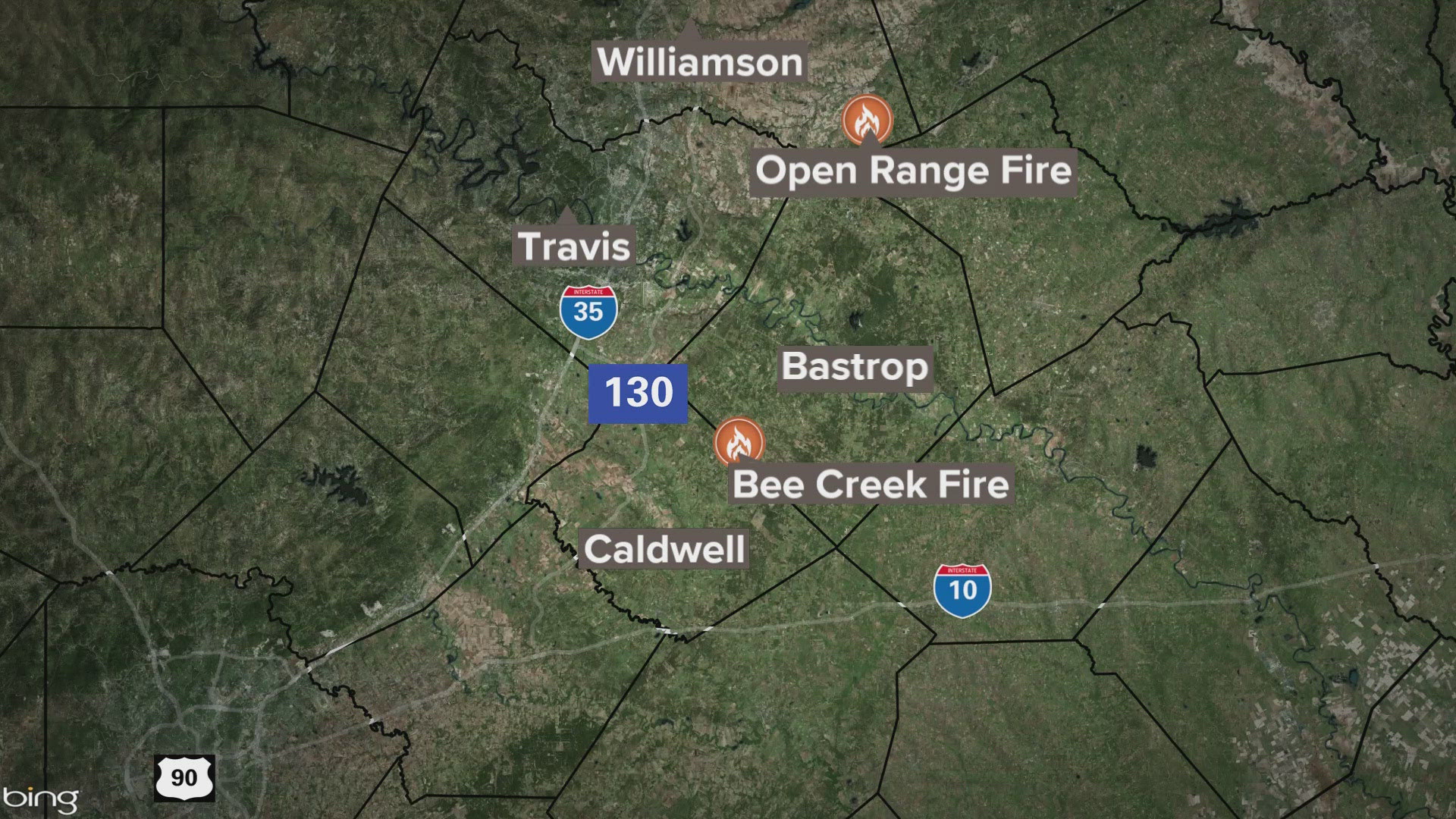 The fires are underway in Williamson and Caldwell counties, according to the Texas A&M Forest Service Incident Viewer.