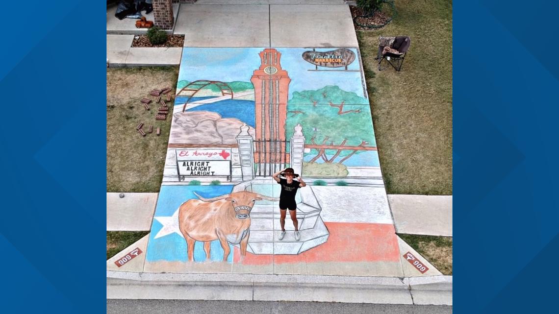 Girl covers her driveway in chalk art to bring joy in uncertain times.