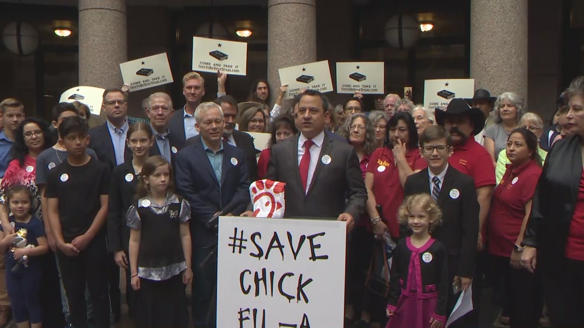 A Texas group with a stated mission to preserve religious values made an appearance at the Texas State Capitol during a hearing about religious freedom Wednesday in an effort to 'save Chick-Fil-A.'