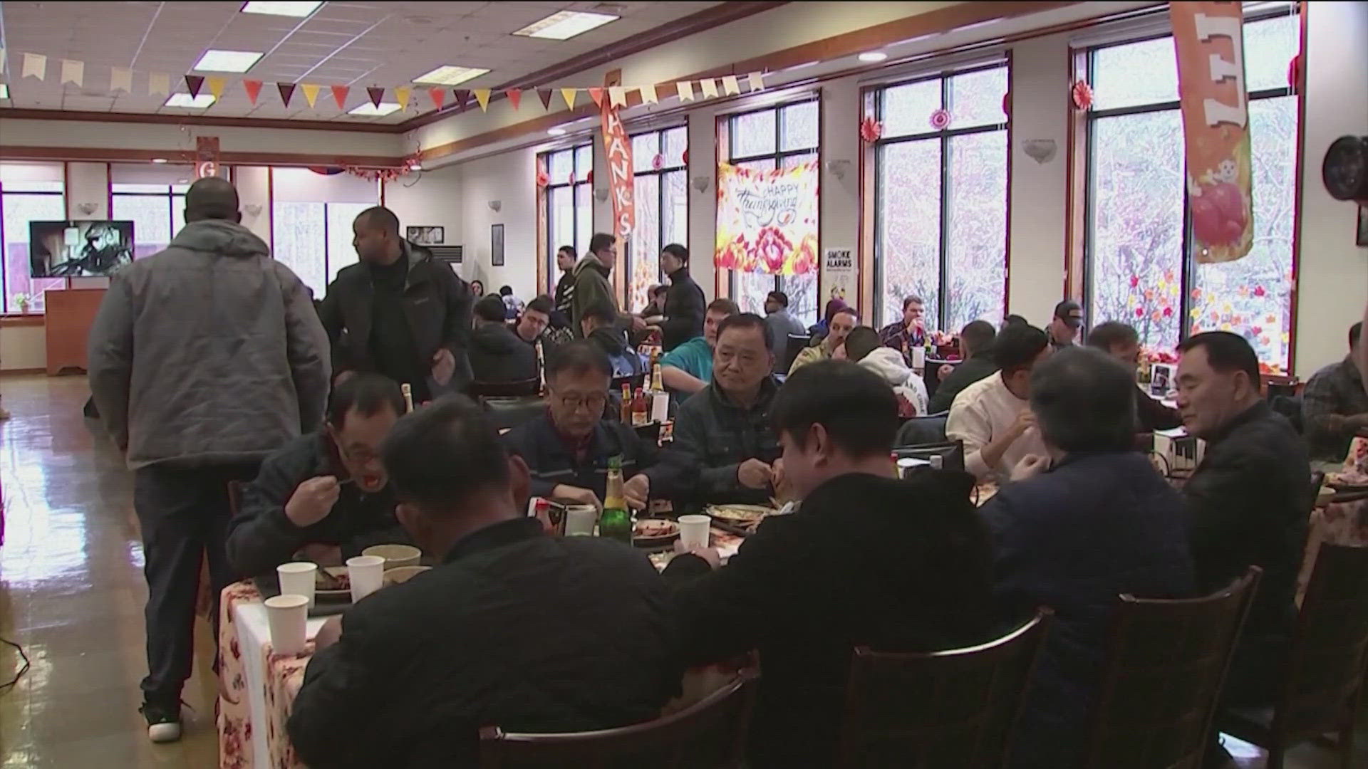 Those stationed in South Korea celebrated on their base with turkey, prime rib and traditional Korean foods.