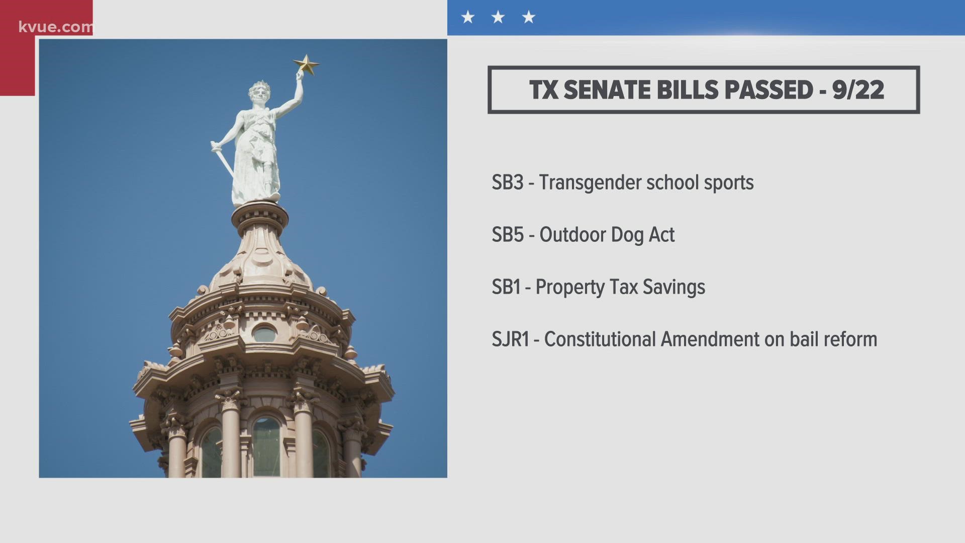 The bills passed Wednesday will be sent to the House.