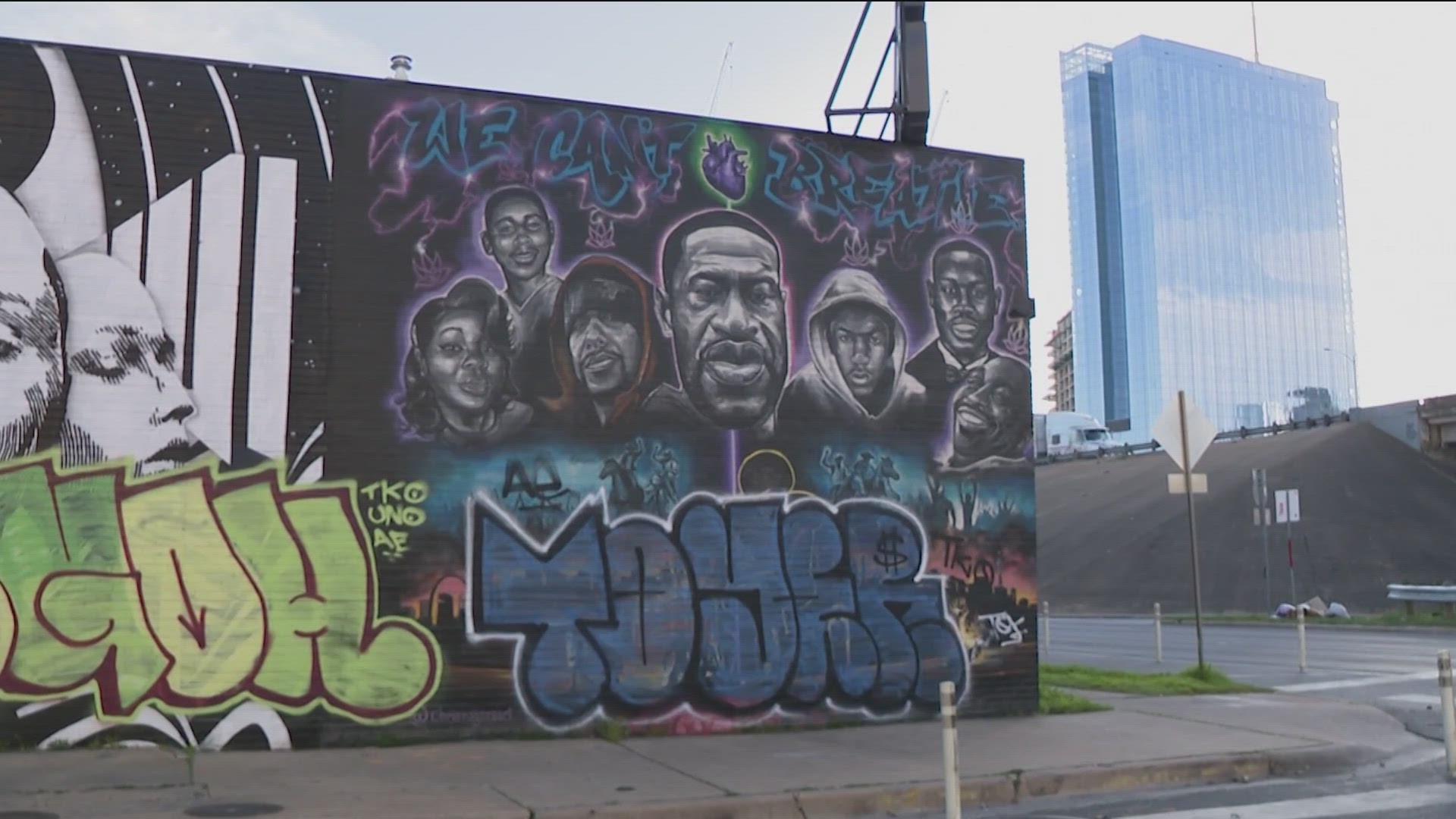 The mural, which shows the faces of George Floyd, Michael Ramos and others, was created during the Black Lives Matter protests in 2020.