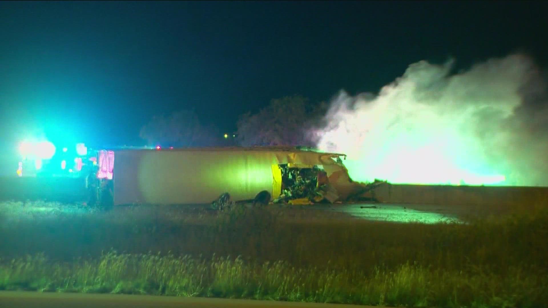Traffic on Interstate 35 near State Highway 45 was heavy all day after a semi-truck crashed and caught fire early Tuesday morning.