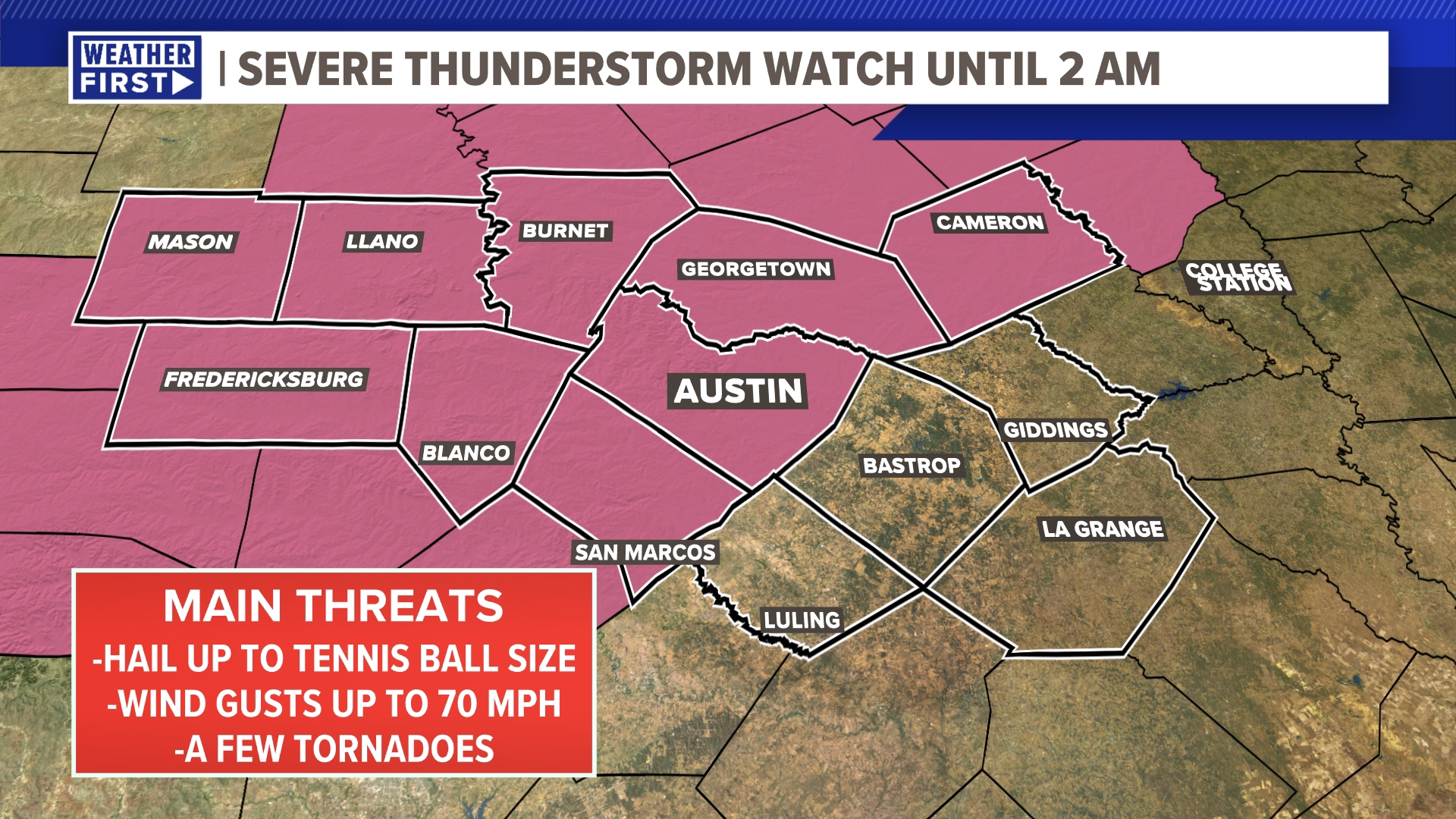 A Severe Thunderstorm Watch is in effect until 2 a.m. as storms approach Central Texas.