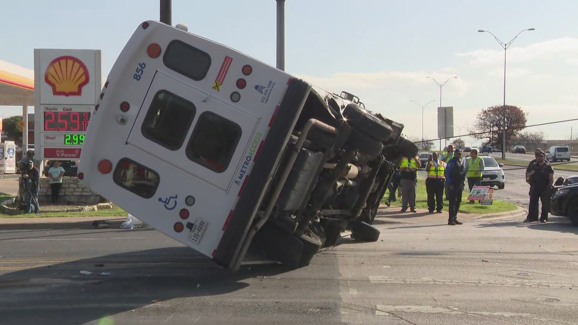 KVUE crews were live on the scene as a CapMetro Access van was flipped back onto its wheels following a rollover crash in South Austin.