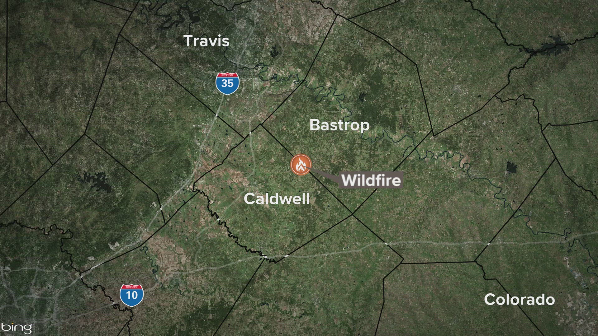 The wildfire is burning near FM 20, right by the Bastrop County line.