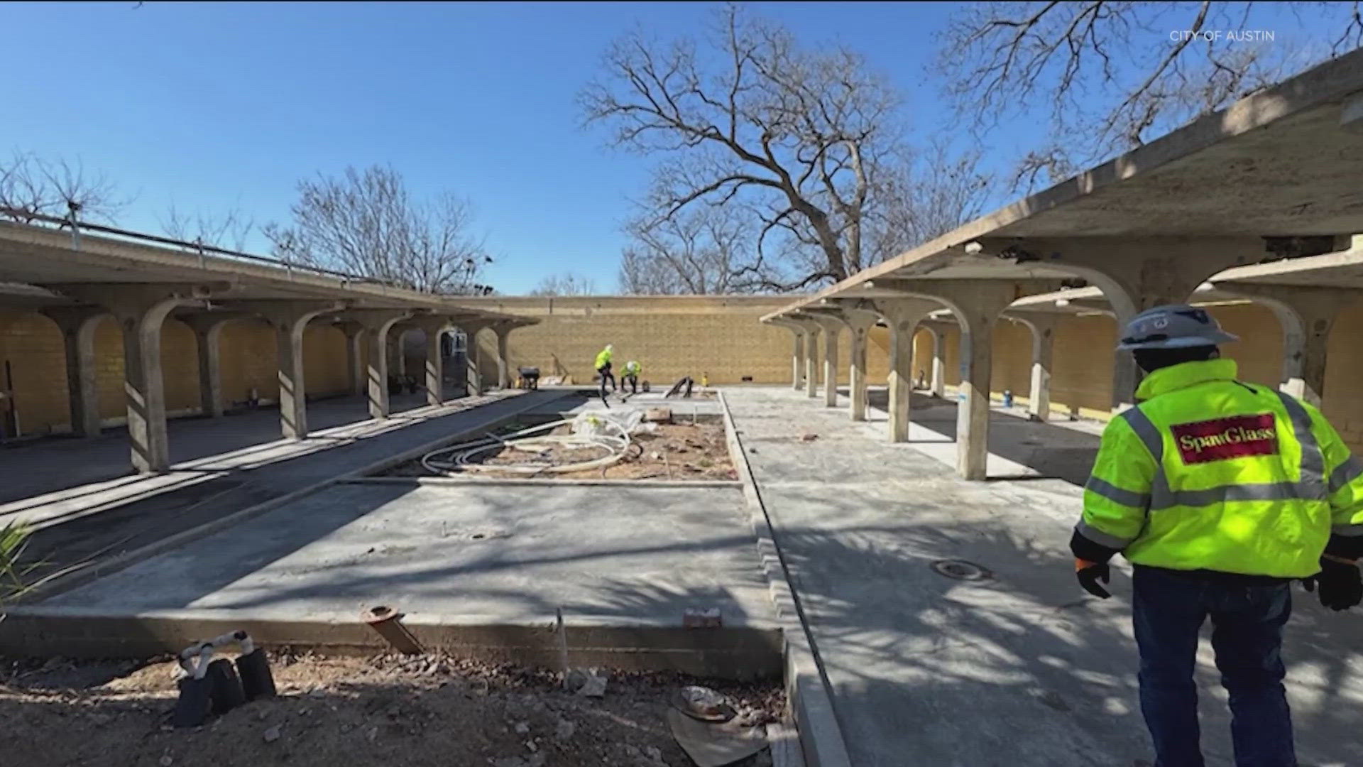 Barton Springs Pool is back open after a cleaning. Crews are making progress on renovating the Joan Means Khabele Bathhouse next to the pool.
