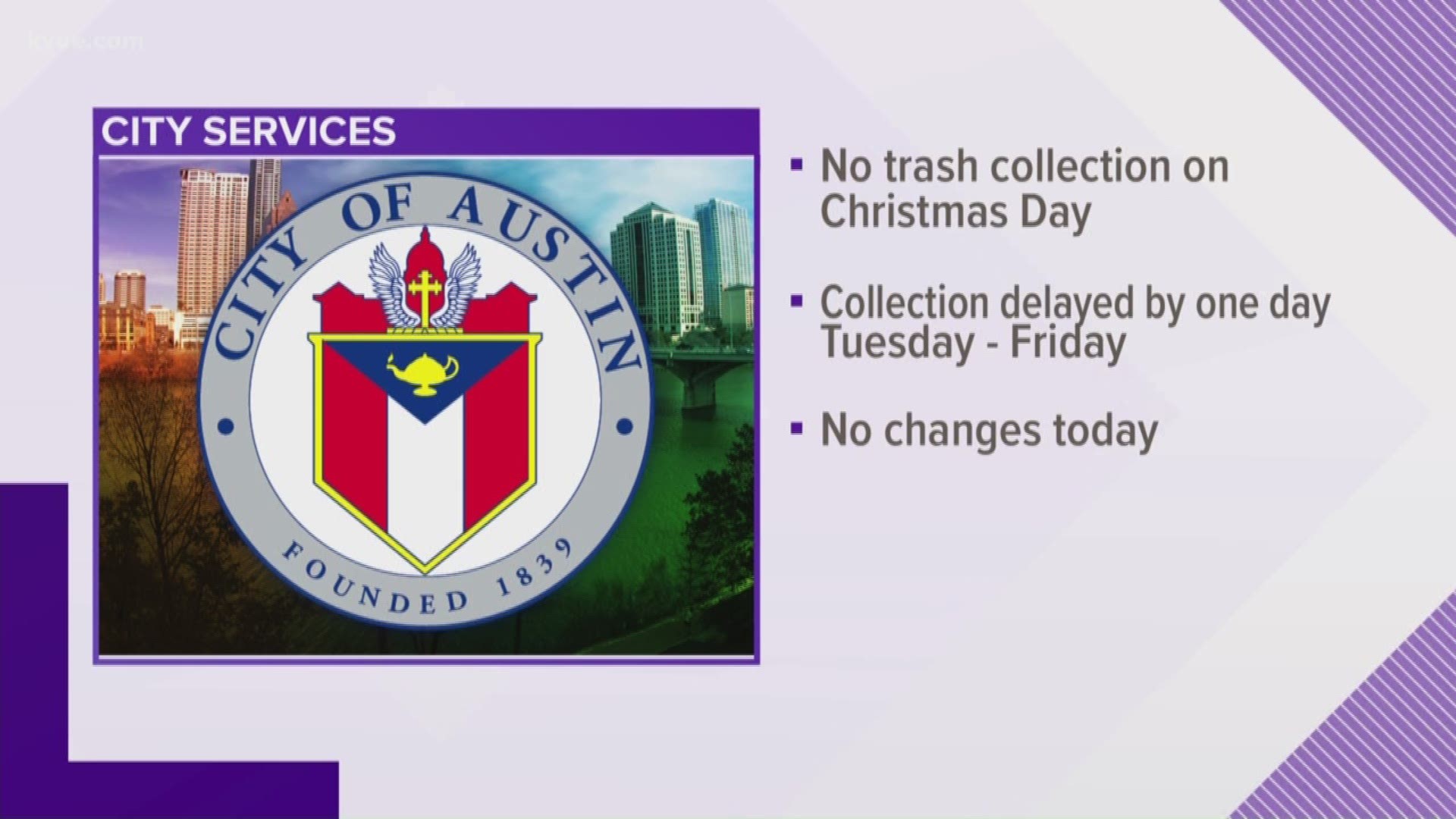 City crews will not be picking up trash on Christmas Day.