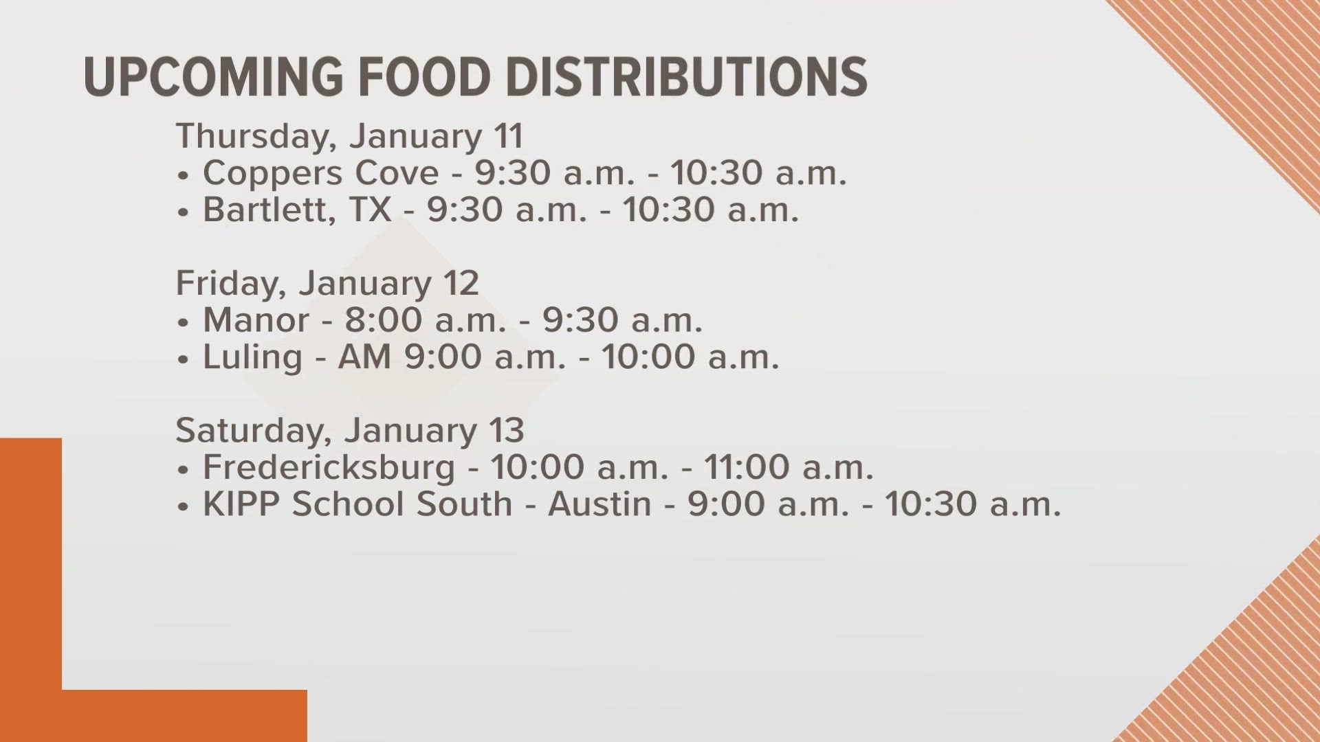 The Central Texas Food Bank is hosting several distribution events ahead of the cold snap expected next week.