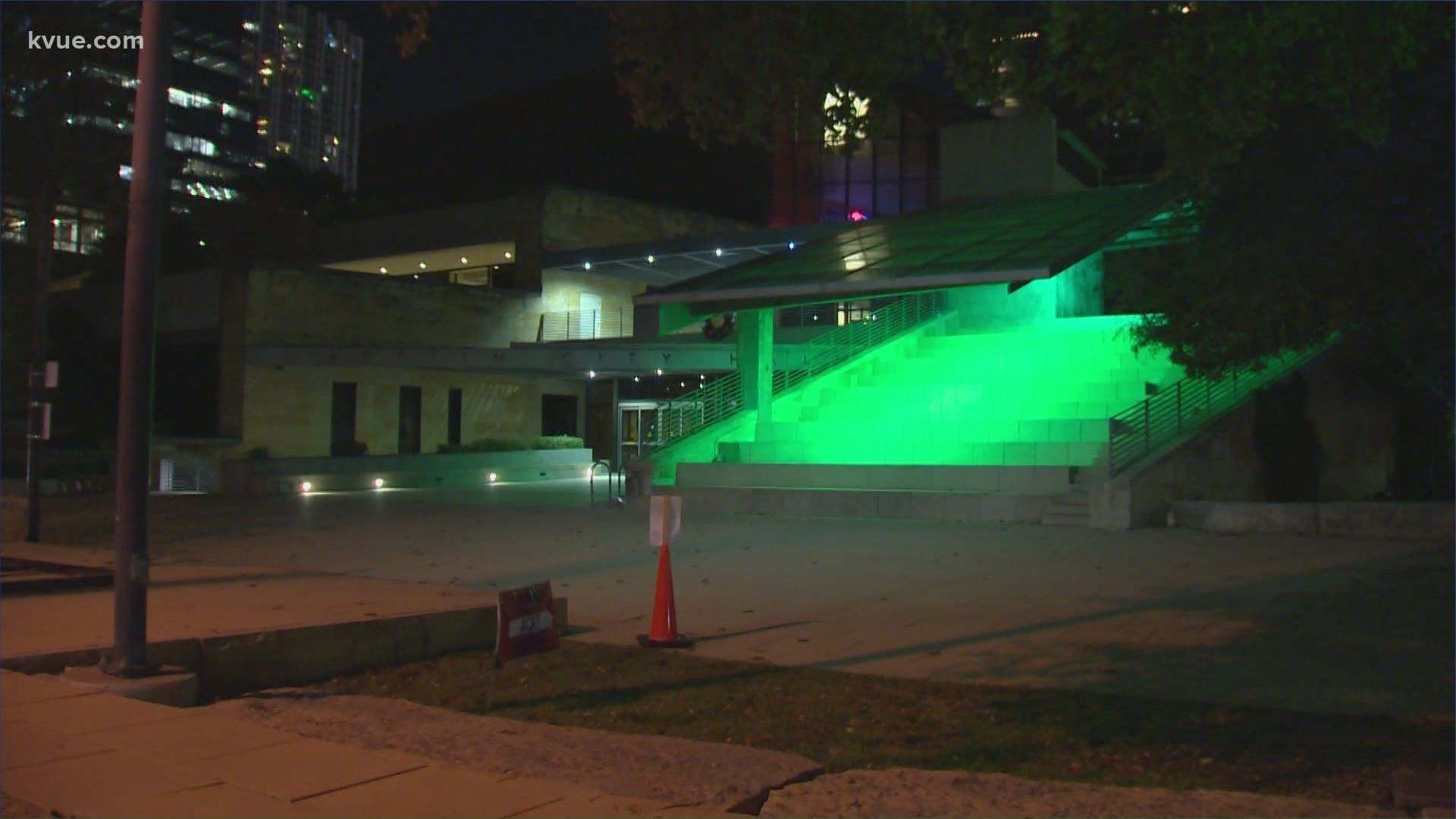 Austin City Hall was lit up on Saturday night to commemorate the fifth year of the Paris Climate Agreement.