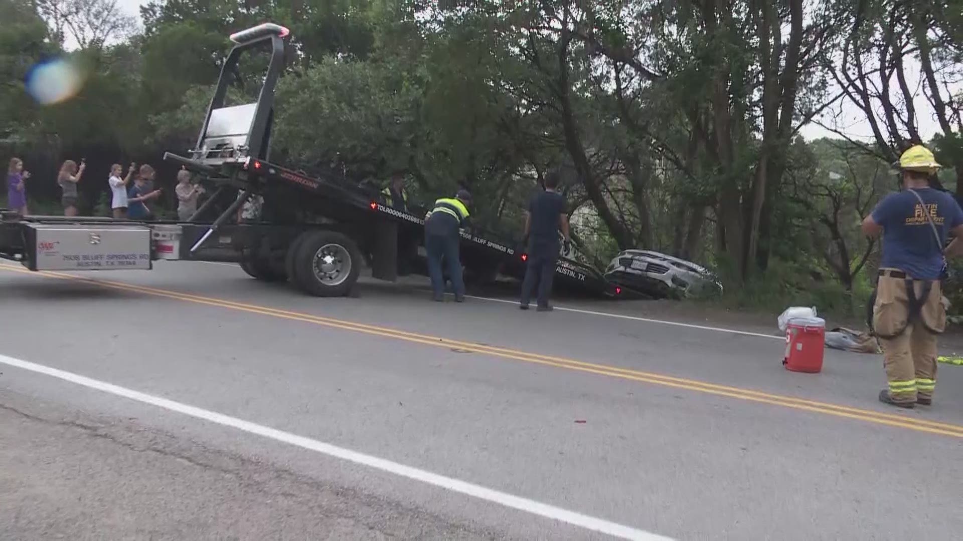 First responders have recovered the vehicle that drove off a 20- to 30-foot embankment earlier today on Mount Bonnell Road.