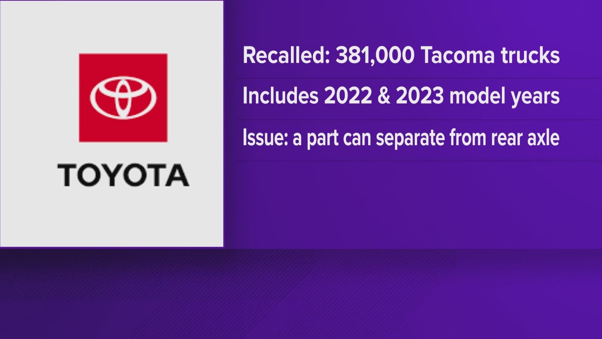 Toyota is recalling hundreds of thousands of Tacoma trucks because a part can separate from the rear axle.
