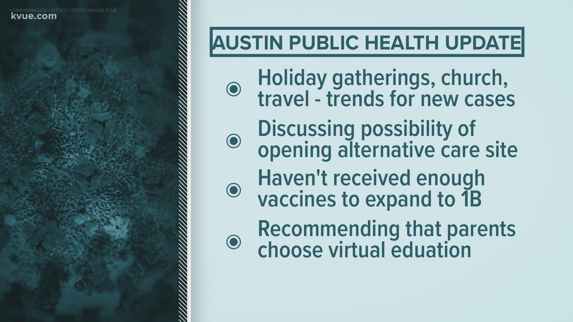 Austin Public Health gave its weekly COVID-19 update Wednesday, where health leaders discussed ICU capacity, an alternative care site and more.