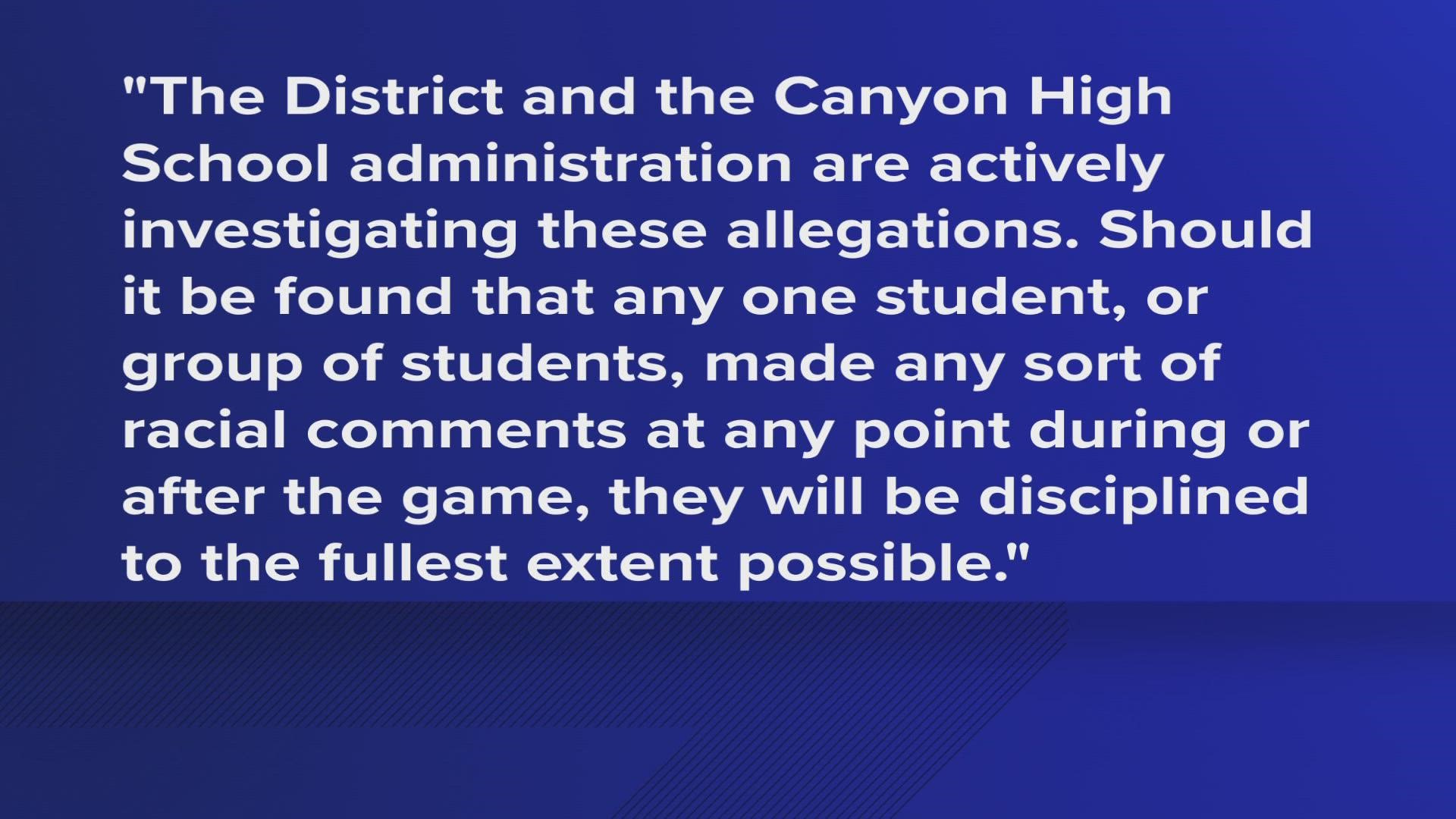 Comal ISD is investigating after a mother says students at the New Braunfels school used slurs throughout the match and were not removed by administrators.