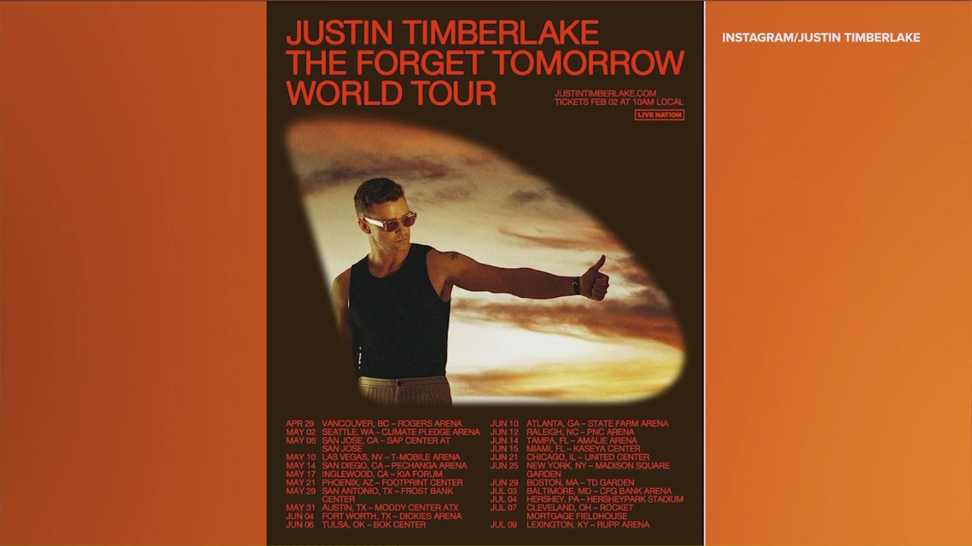 Justin Timberlake's "Forget Tomorrow World Tour" will stop at Moody Center on May 31.