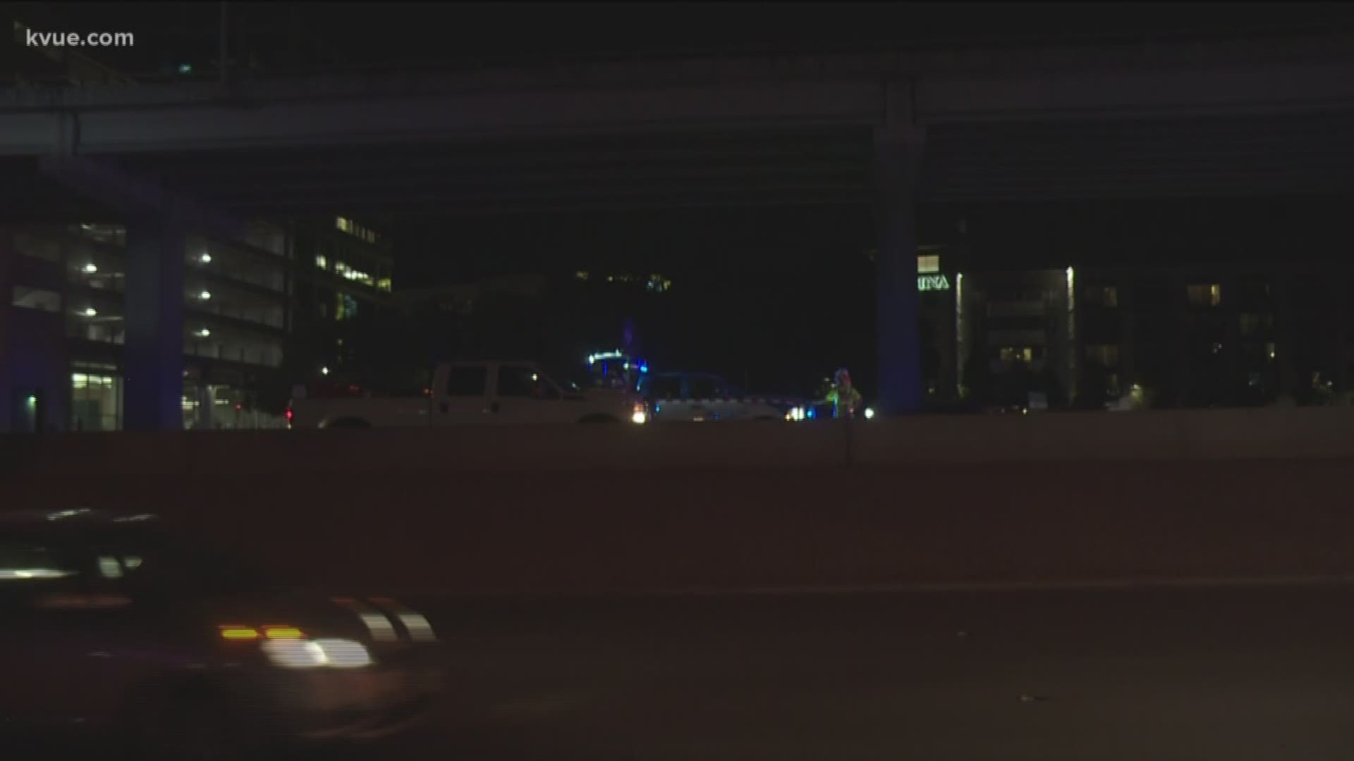 Debris on the lower deck of I-35 shut down an area of the highway on Tuesday night.