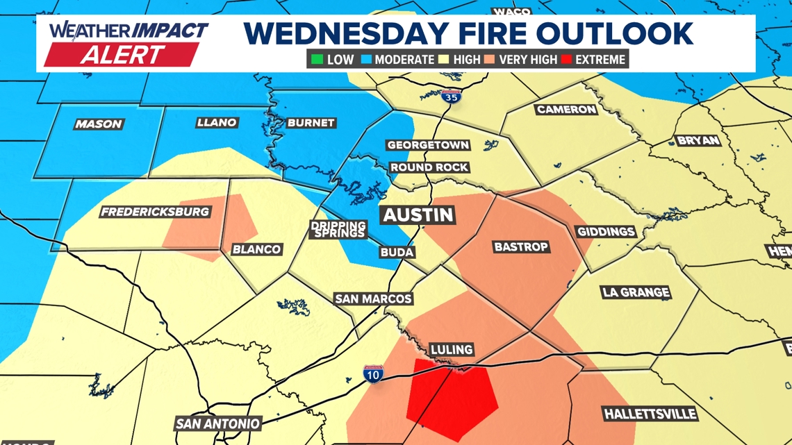 Weather Impact Alert: Elevated fire danger for parts of Central Texas on Wednesday A dry, breezy cold front will increase the fire threat on Wednesday across the KVUE area.