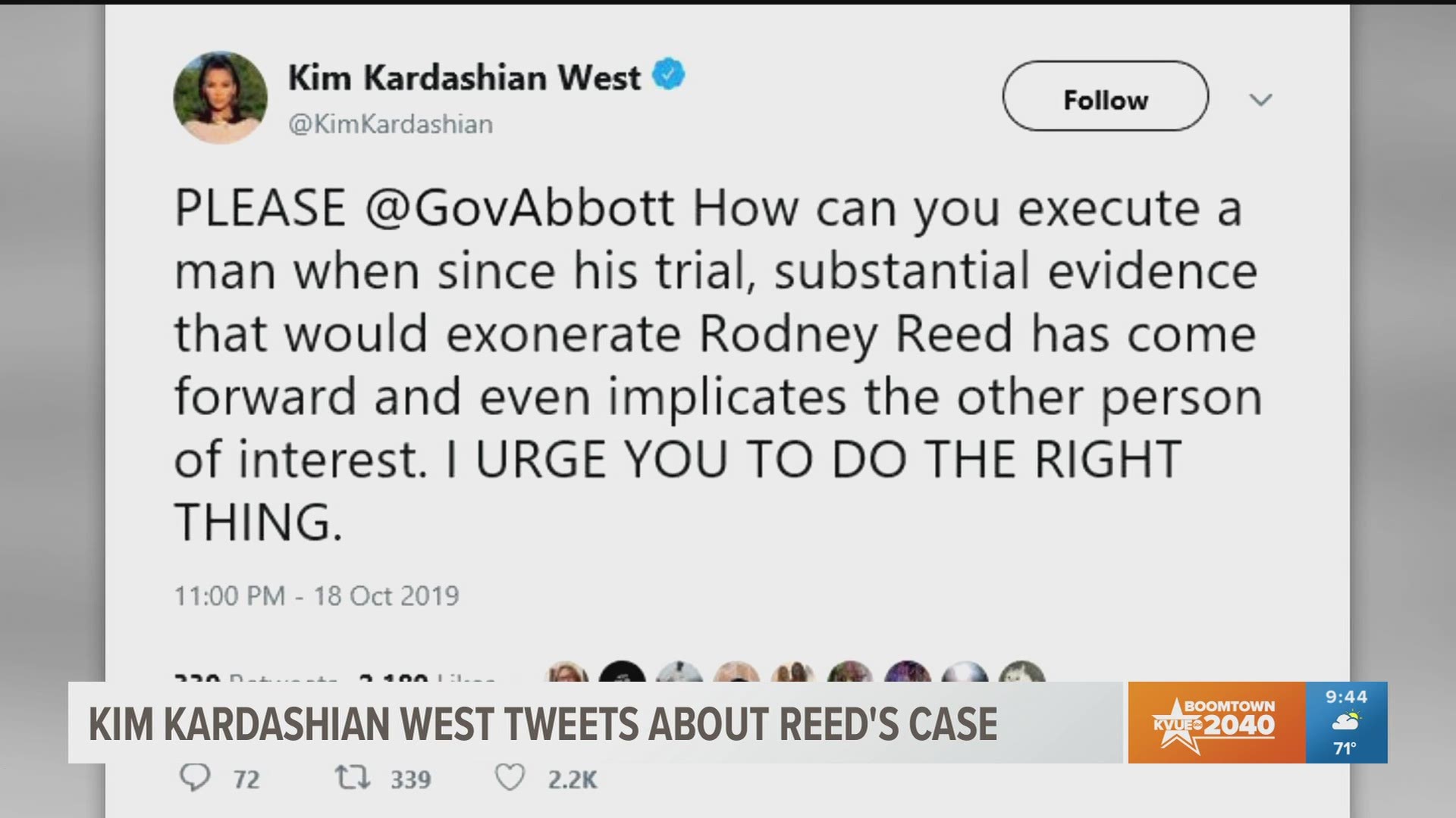 Kardashian West tweeted at Gov. Greg Abbott, urging him to "do the right thing" and intervene in Reed's scheduled execution.