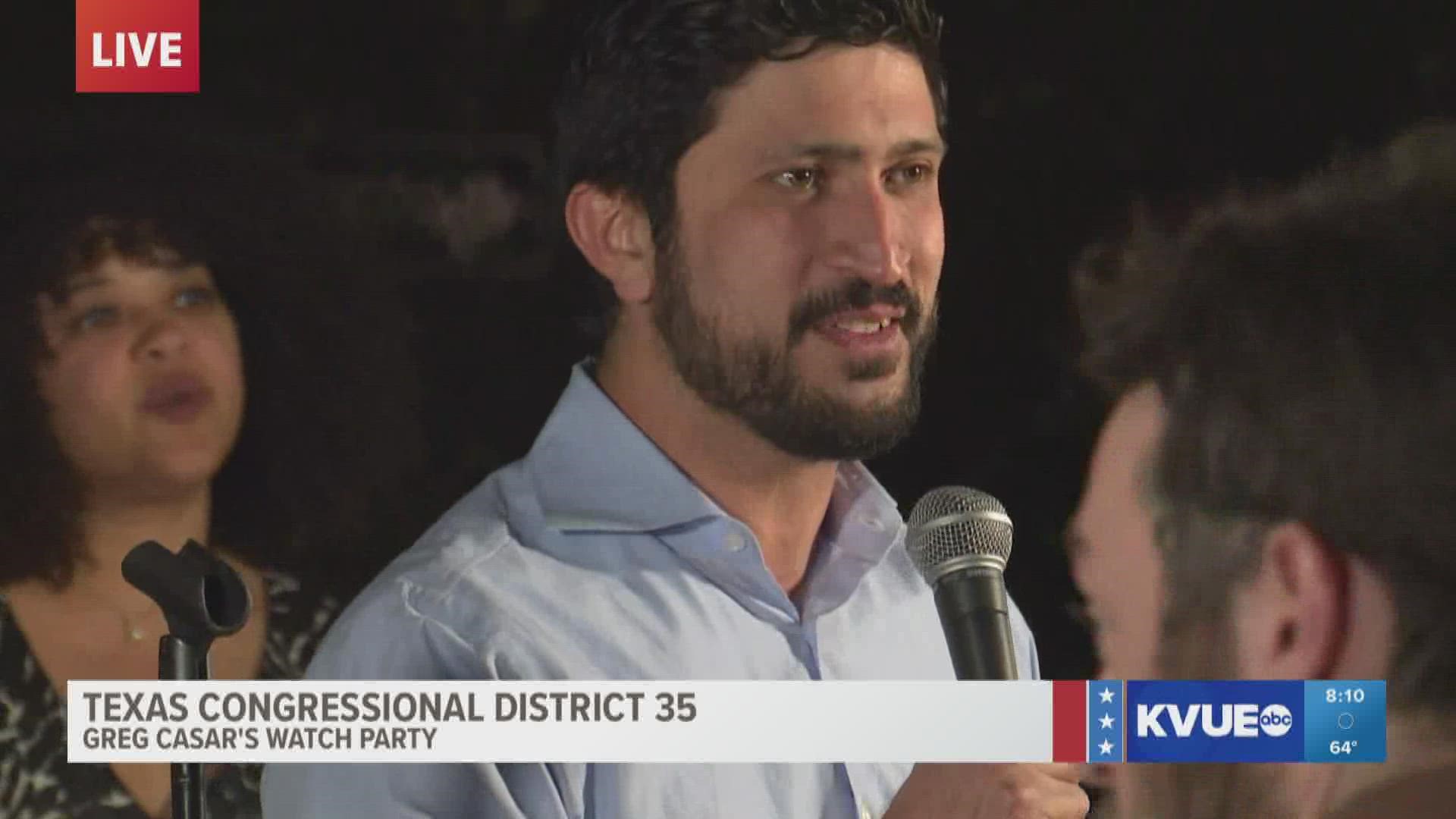 Democratic candidate for U.S. House District 35 Greg Casar speaks from his watch party.