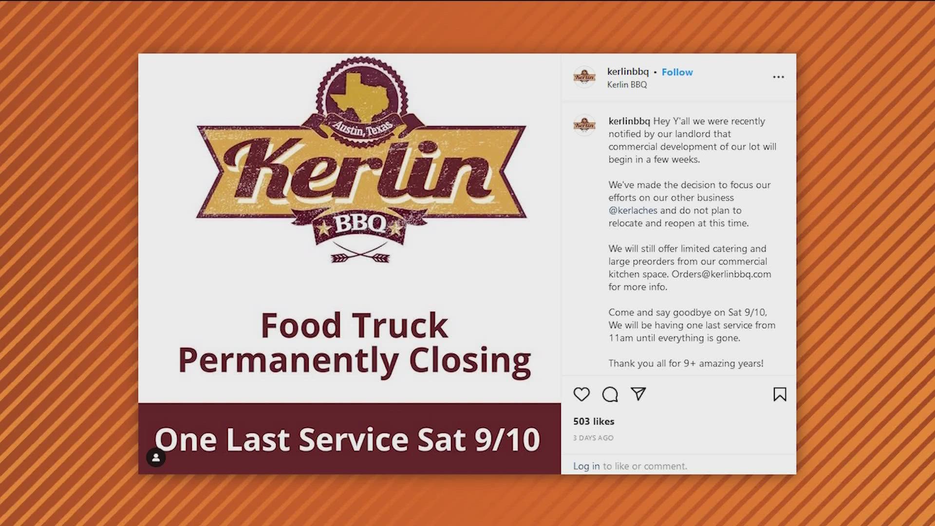 Kerlin Barbecue will close shop on Saturday, Sept. 10.