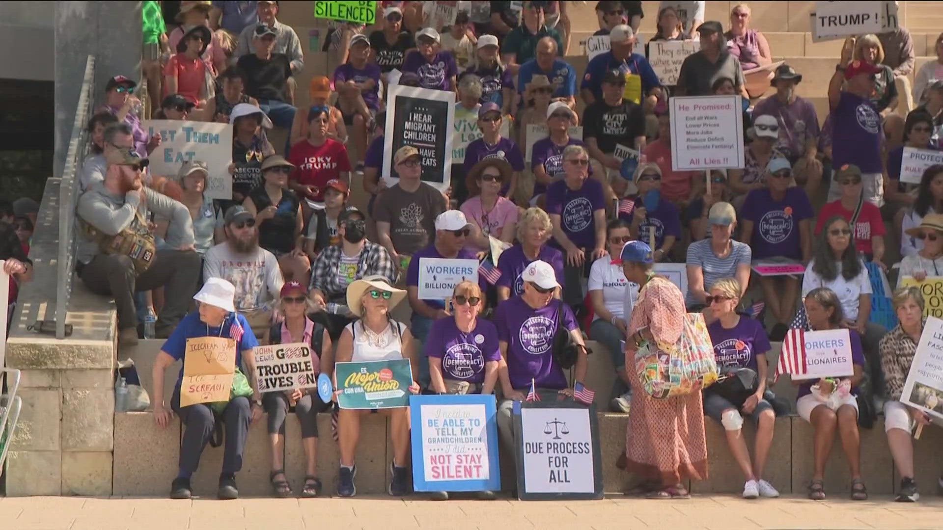 Hundreds of people packed the streets of Downtown Austin on Monday to call out the president and billionaires who they say are taking power away from working people.